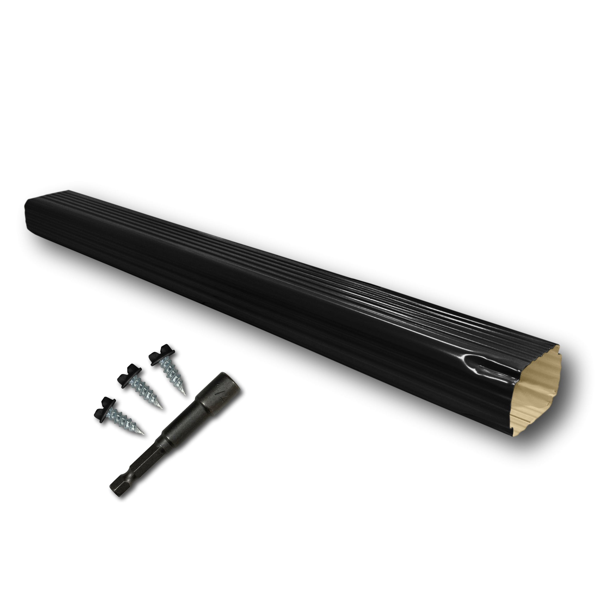 A Painted Aluminum Gutter Downspout Extension that is Black in color. Matching screws and hex bit driver are included.