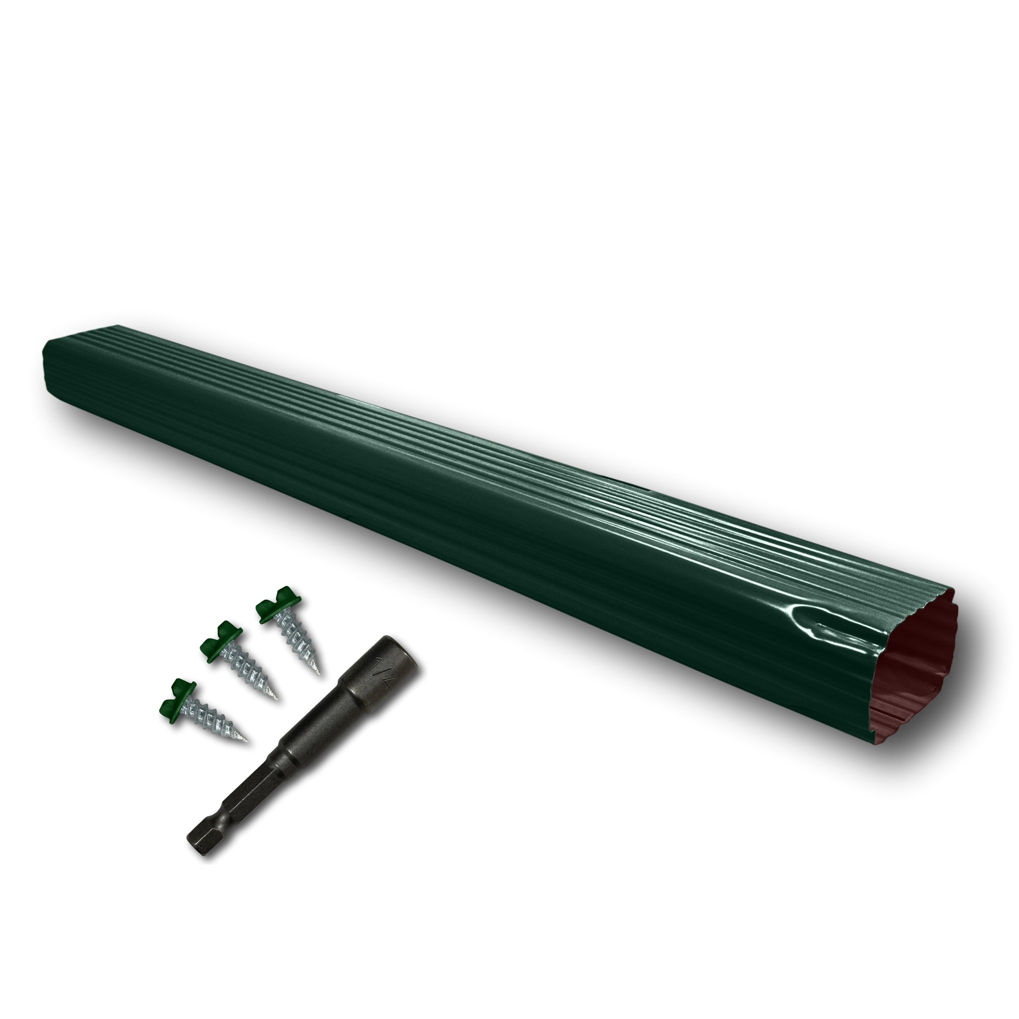 A Painted Aluminum Gutter Downspout Extension that is Green in color. Matching screws and hex bit driver are included.