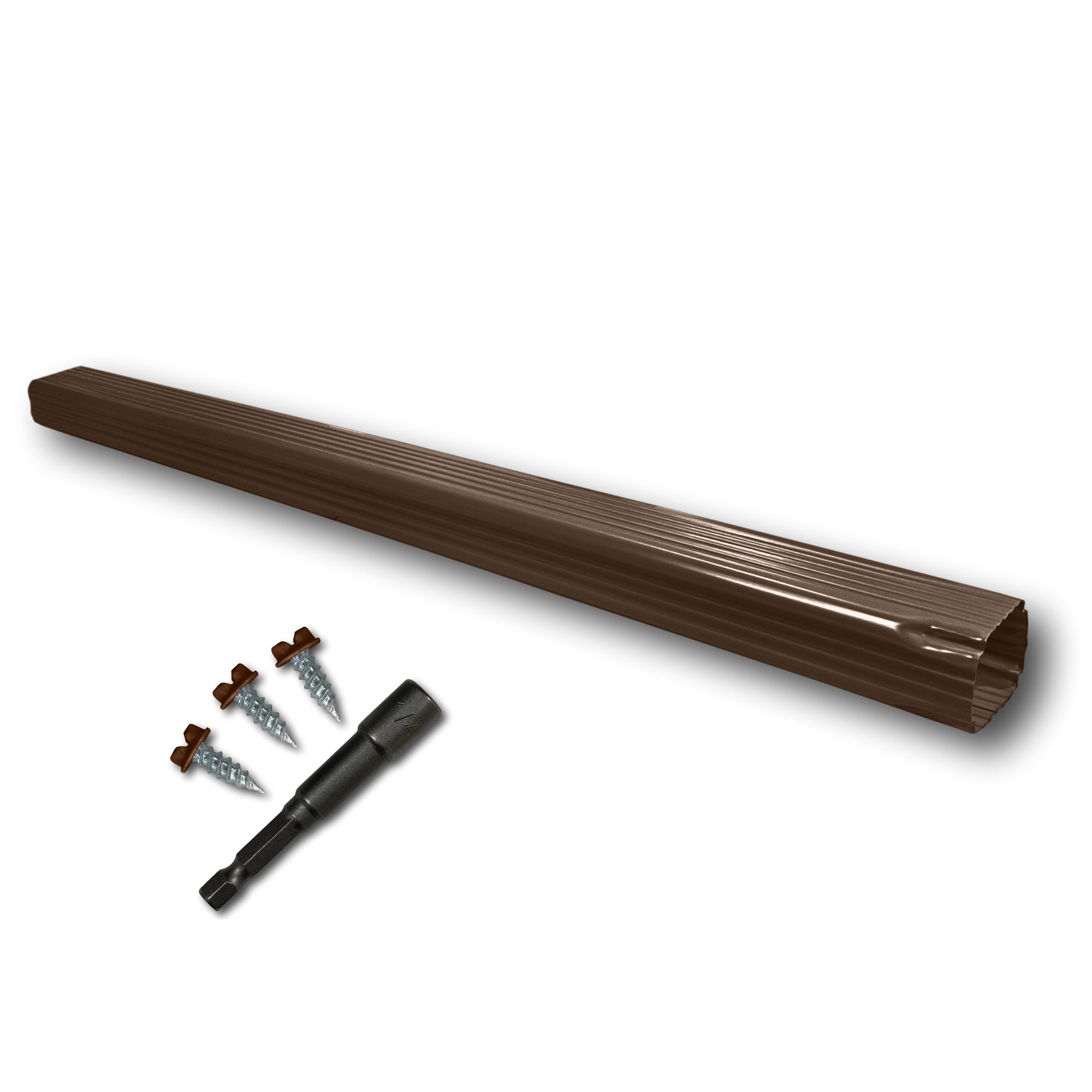A Painted Aluminum Gutter Downspout Extension that is Brown in color. Matching screws and hex bit driver are included.
