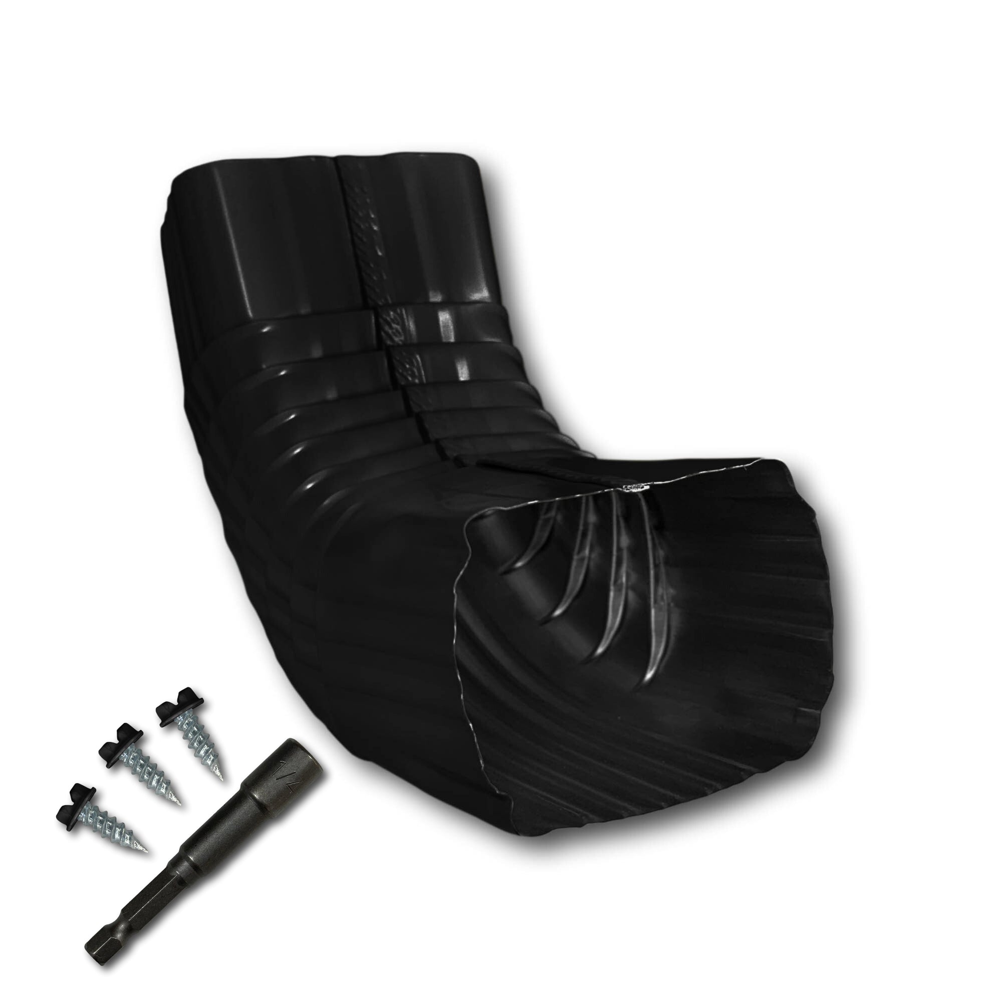 A Painted Aluminum Gutter Downspout Elbow that is Black in color. Matching screws and hex bit driver are included.