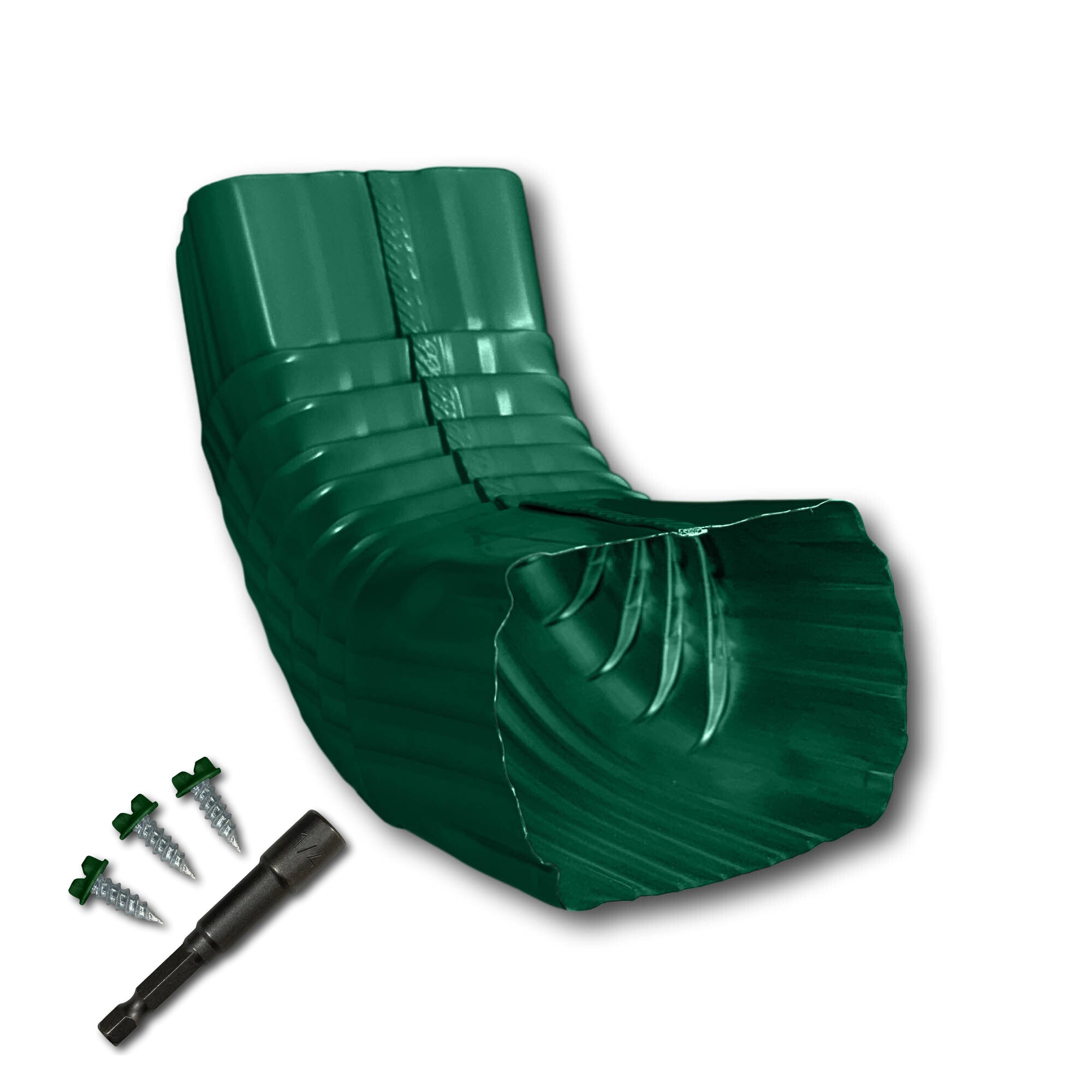 A Painted Aluminum Gutter Downspout Elbow that is Green in color. Matching screws and hex bit driver are included.