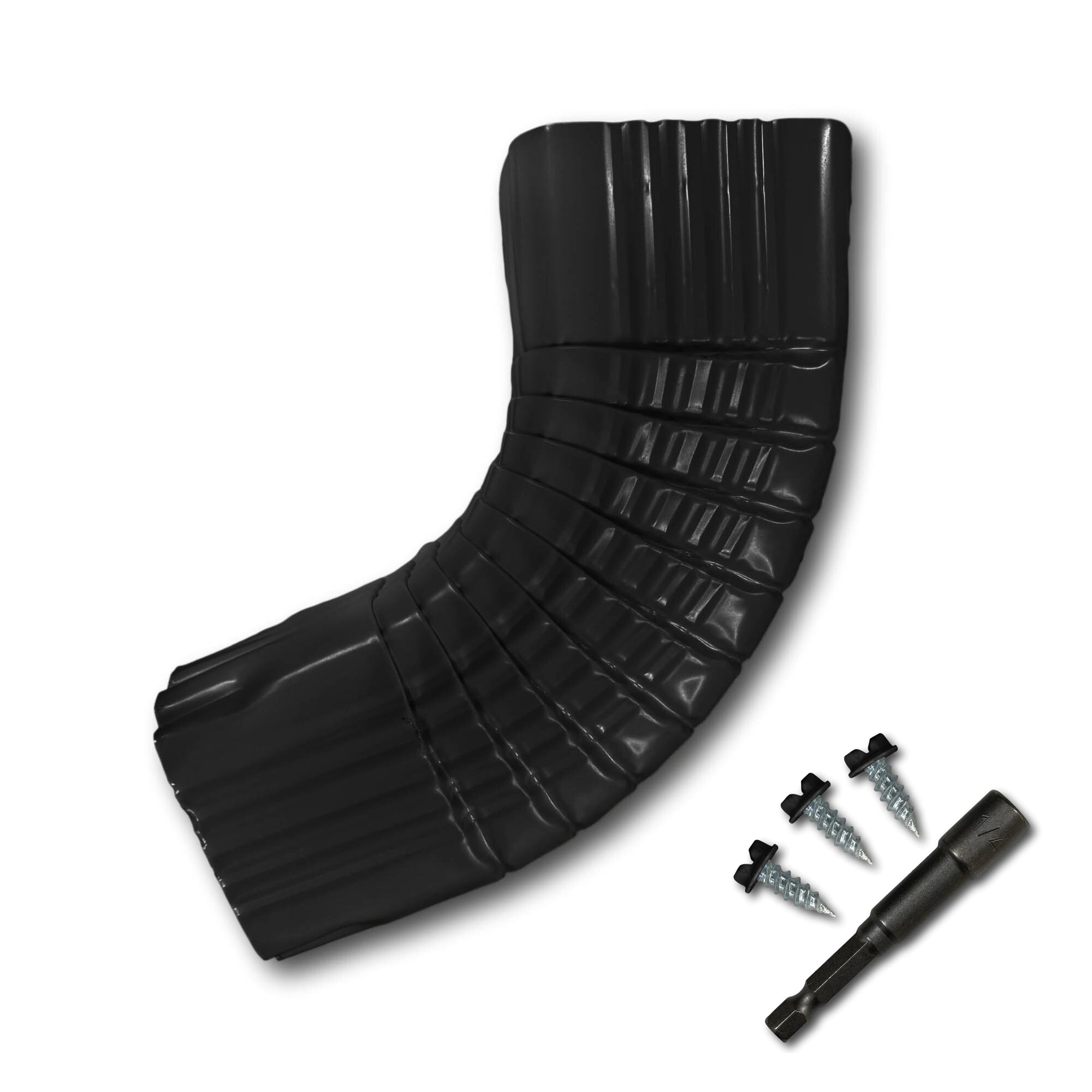 A Painted Aluminum Gutter Downspout Elbow that is Black in color. Matching screws and hex bit driver are included.