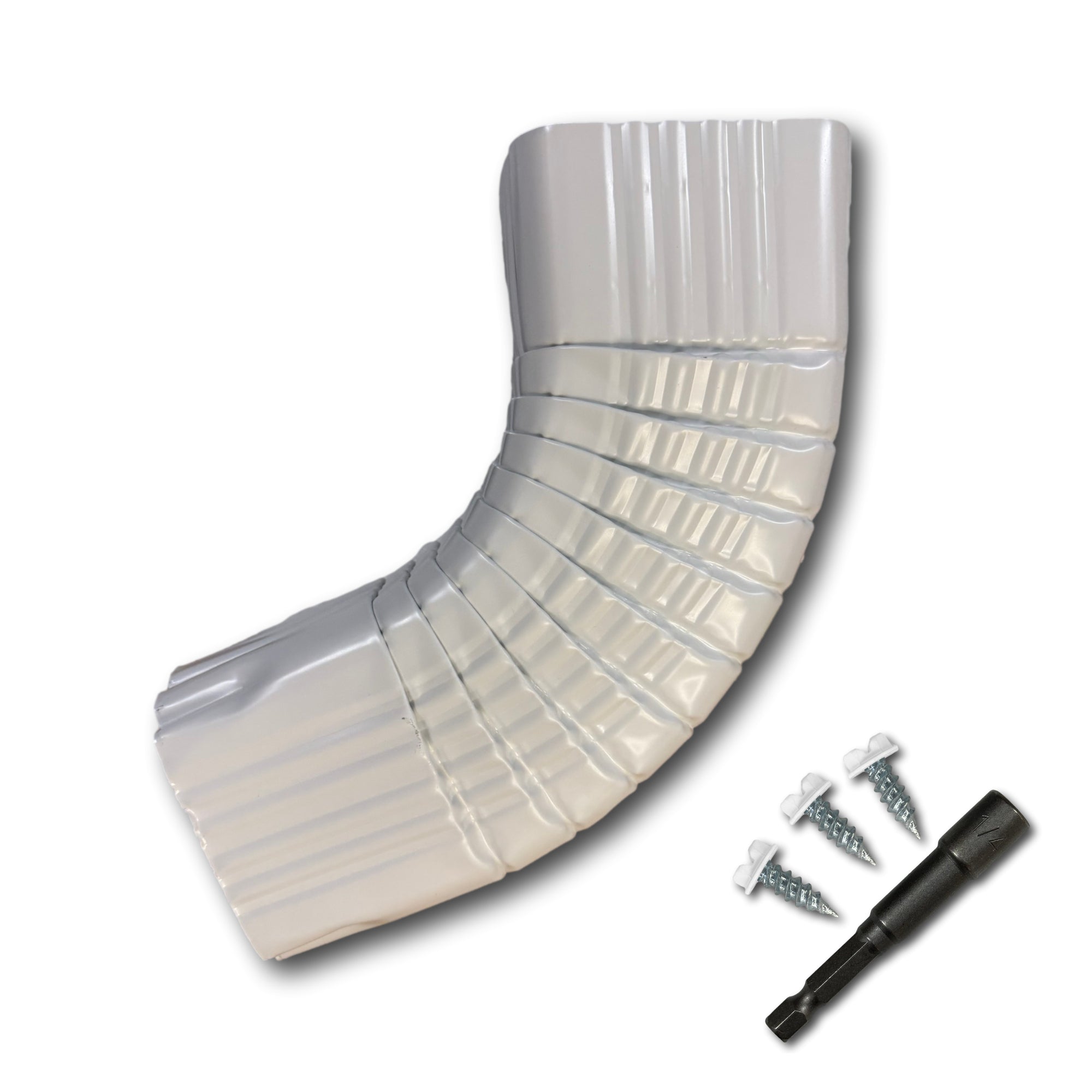 A Painted Aluminum Gutter Downspout Elbow that is White in color. Matching screws and hex bit driver are included.