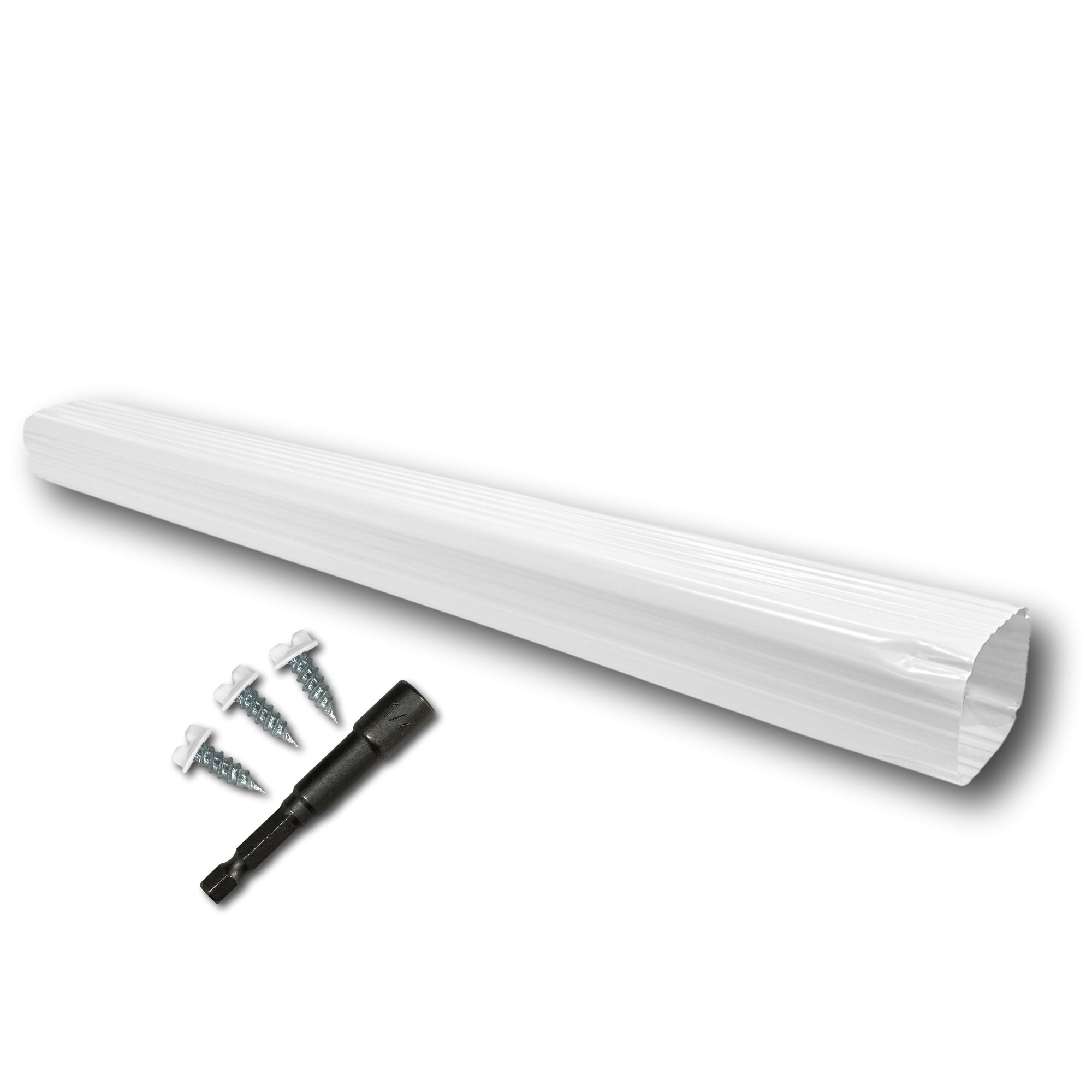 A Painted Aluminum Gutter Downspout Extension that is White in color. Matching screws and hex bit driver are included.