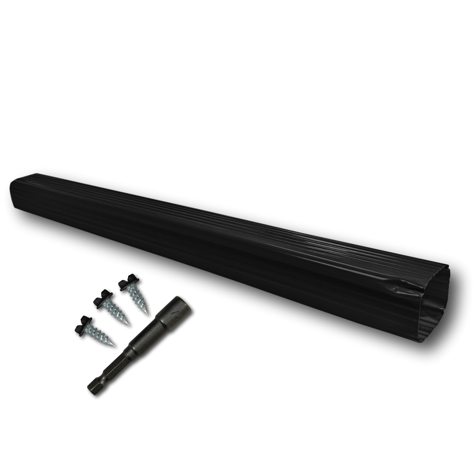 A Painted Aluminum Gutter Downspout Extension that is Black in color. Matching screws and hex bit driver are included.