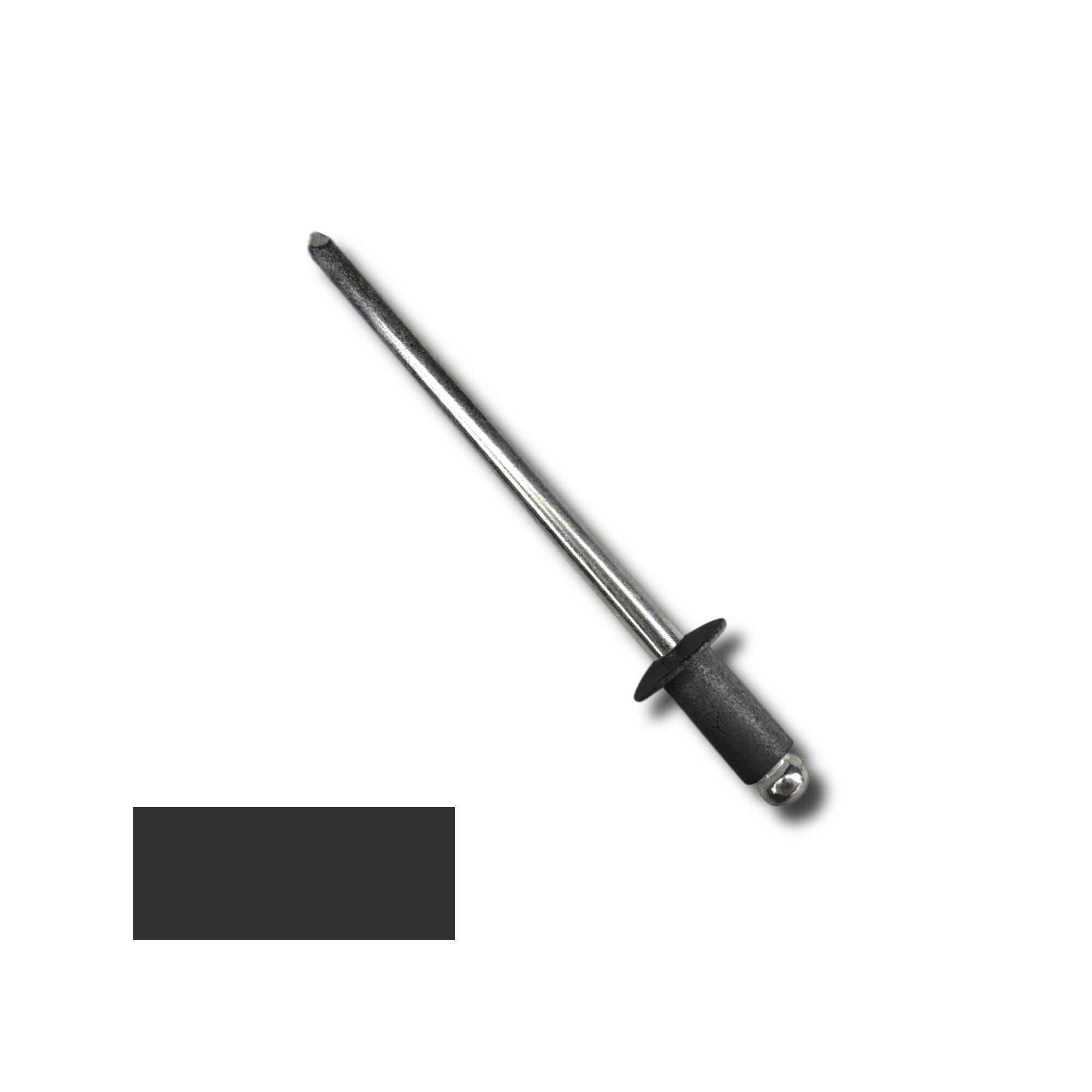 A number 42 Aluminum Pop Rivet with a 1/4 inch grip. There is a color swatch in the bottom left corner. The rivet is Tuxedo Gray in color.