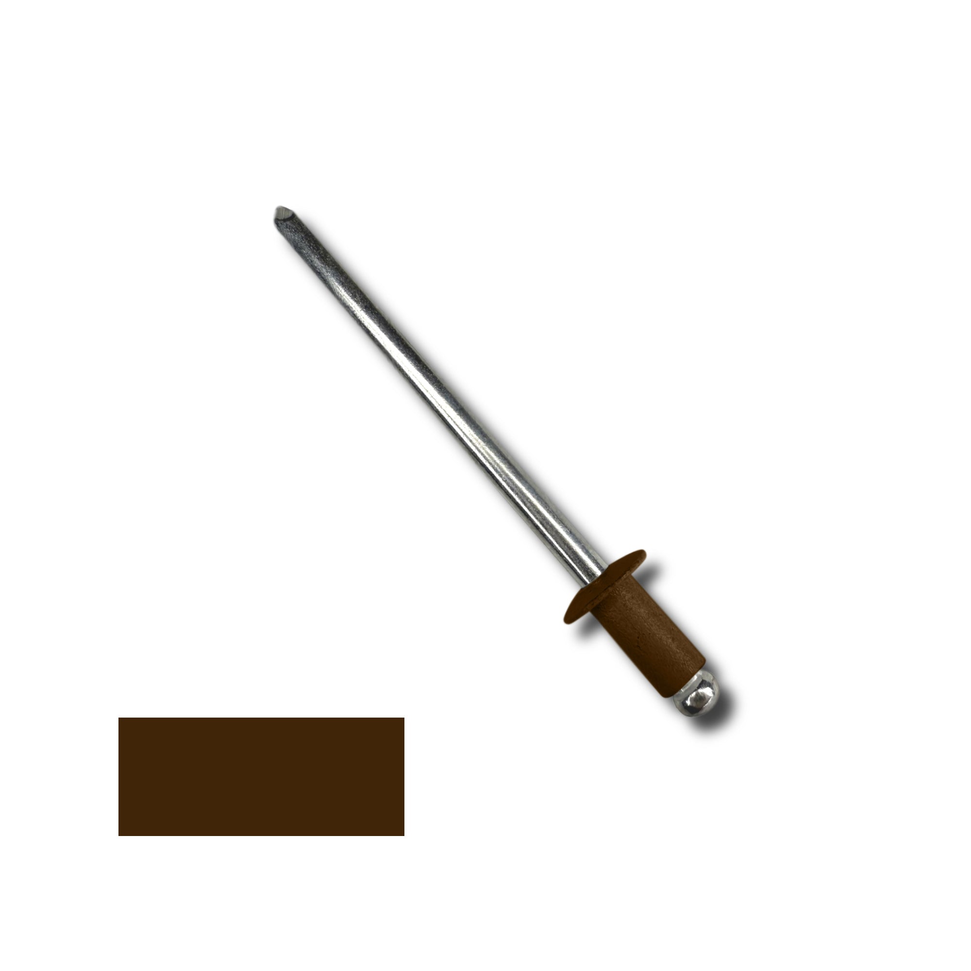 A number 42 Aluminum Pop Rivet with a 1/4 inch grip. There is a color swatch in the bottom left corner. The rivet is Royal Brown in color.