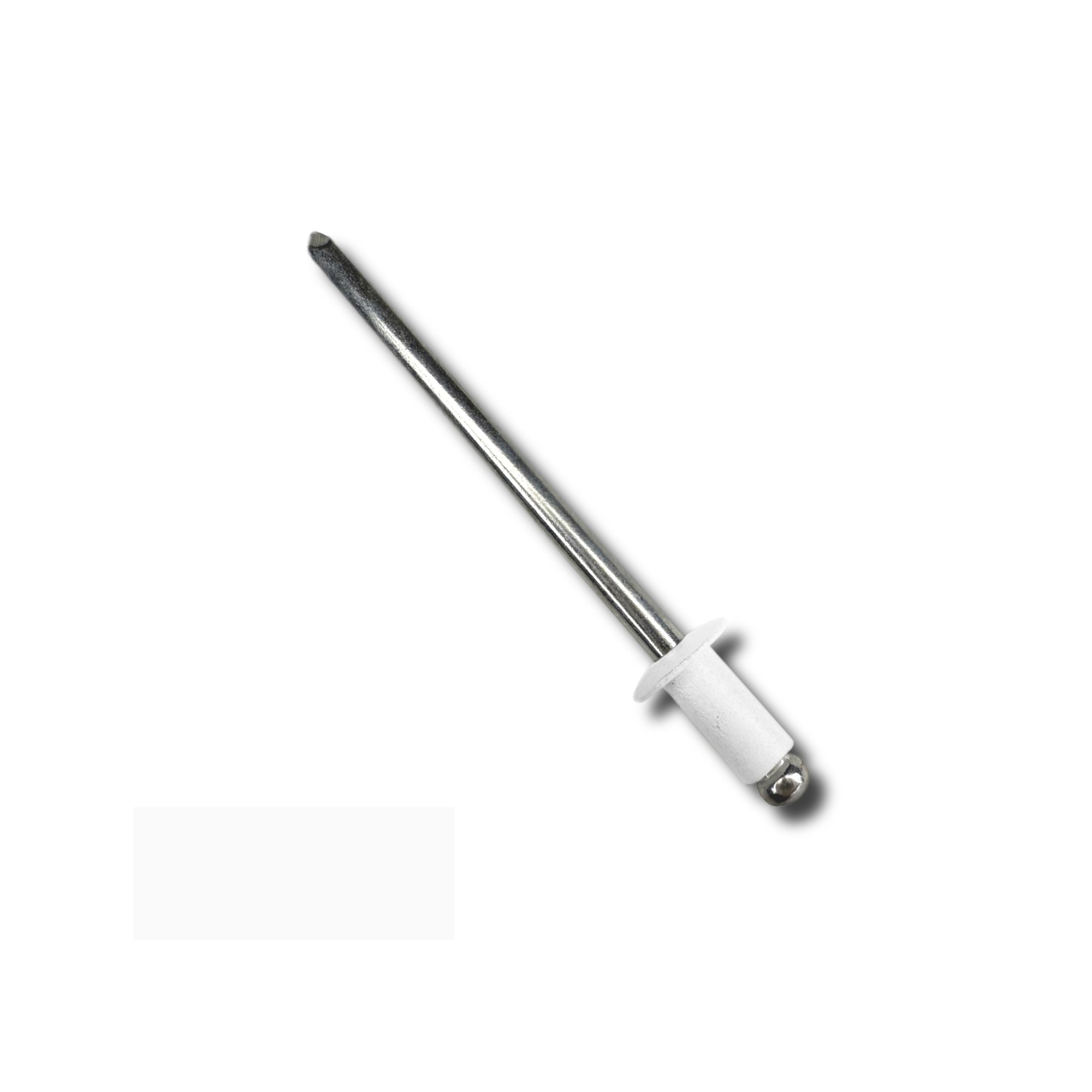 A number 42 Aluminum Pop Rivet with a 1/4 inch grip. There is a color swatch in the bottom left corner. The rivet is White in color.