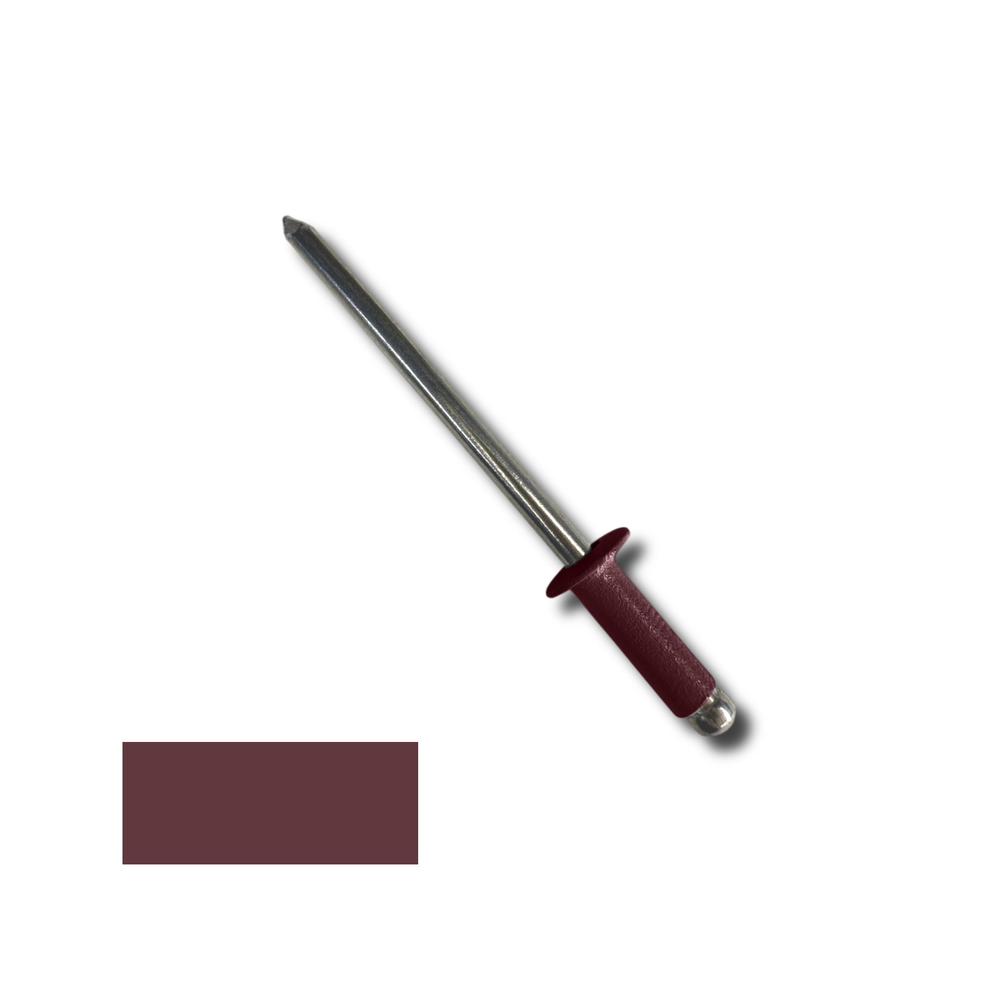A number 44 Aluminum Pop Rivet with a 3/8 inch grip. There is a color swatch in the bottom left corner. The rivet is Burgundy in color.