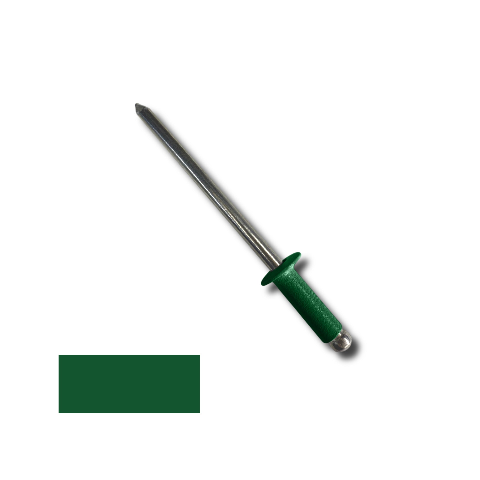 A number 44 Aluminum Pop Rivet with a 3/8 inch grip. There is a color swatch in the bottom left corner. The rivet is Forest Green in color.