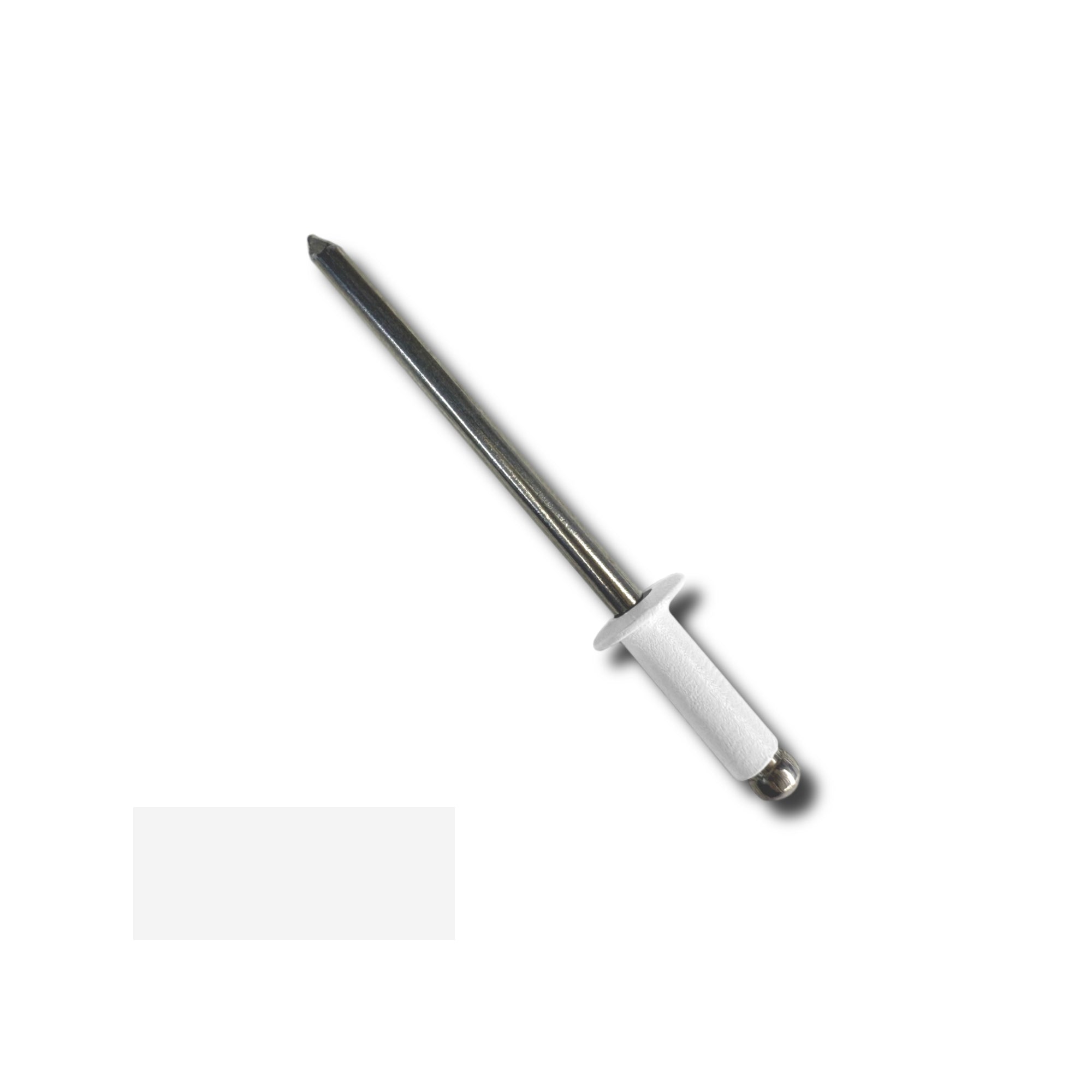 A number 44 Aluminum Pop Rivet with a 3/8 inch grip. There is a color swatch in the bottom left corner. The rivet is White in color.
