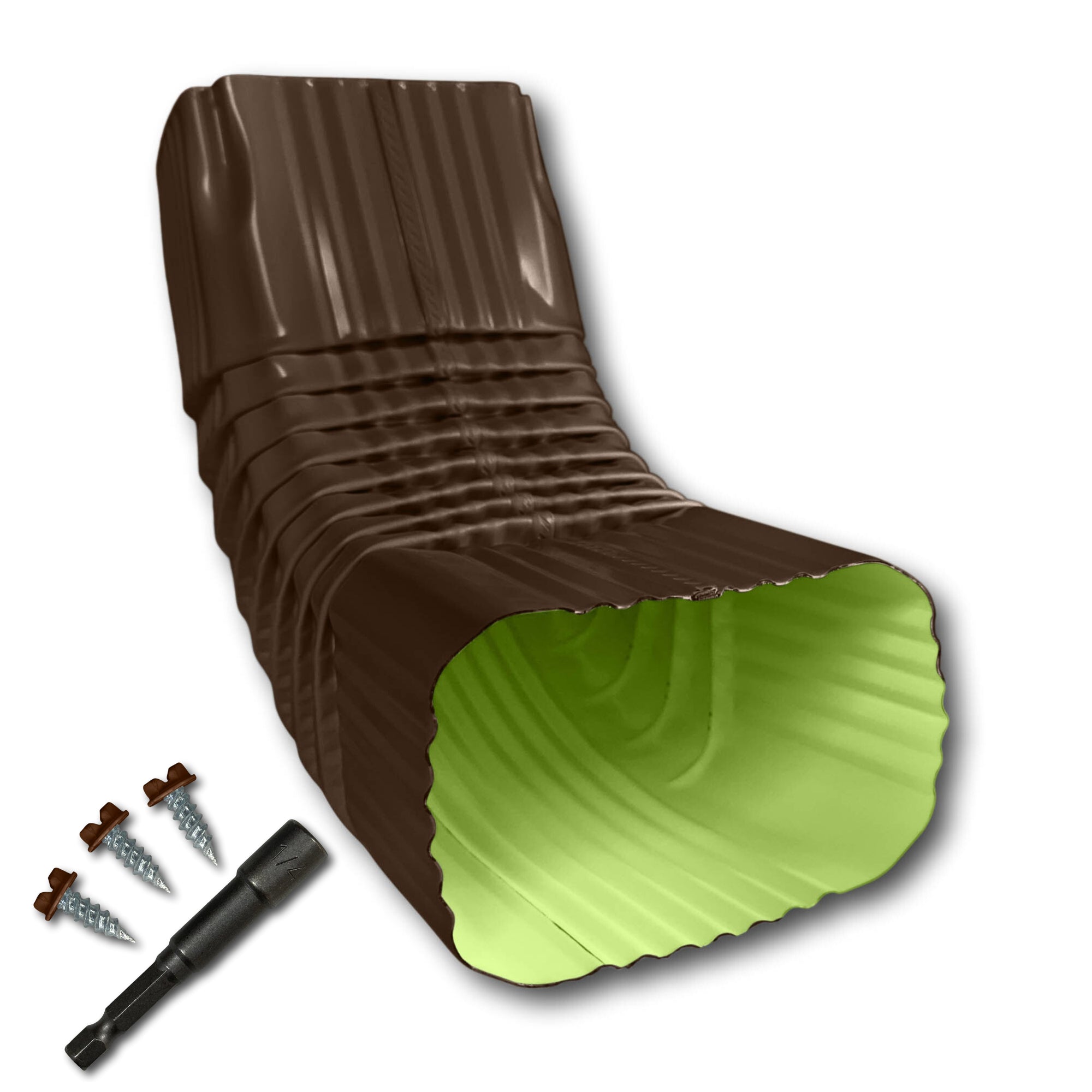 A Painted Aluminum Gutter Downspout Elbow that is Brown in color. Matching screws and hex bit driver are included.