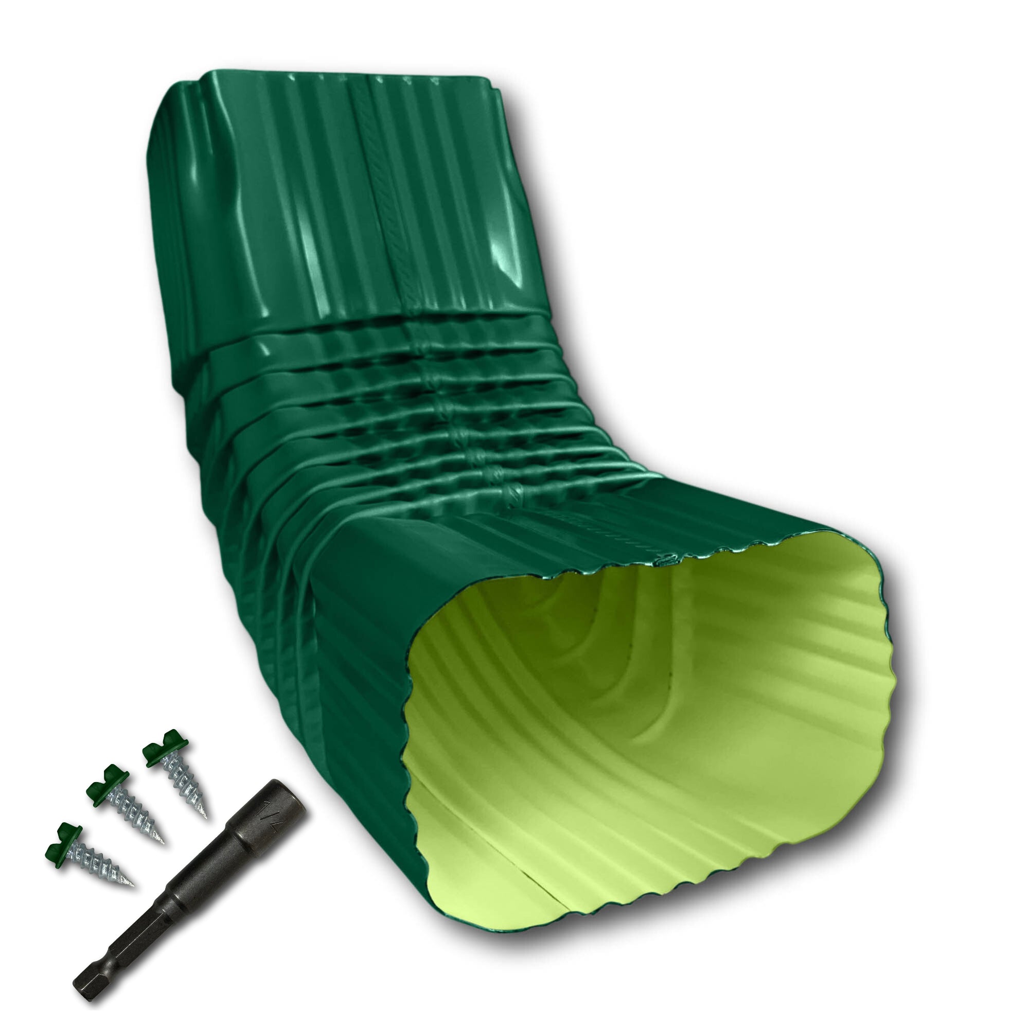 A Painted Aluminum Gutter Downspout Elbow that is Green in color. Matching screws and hex bit driver are included.