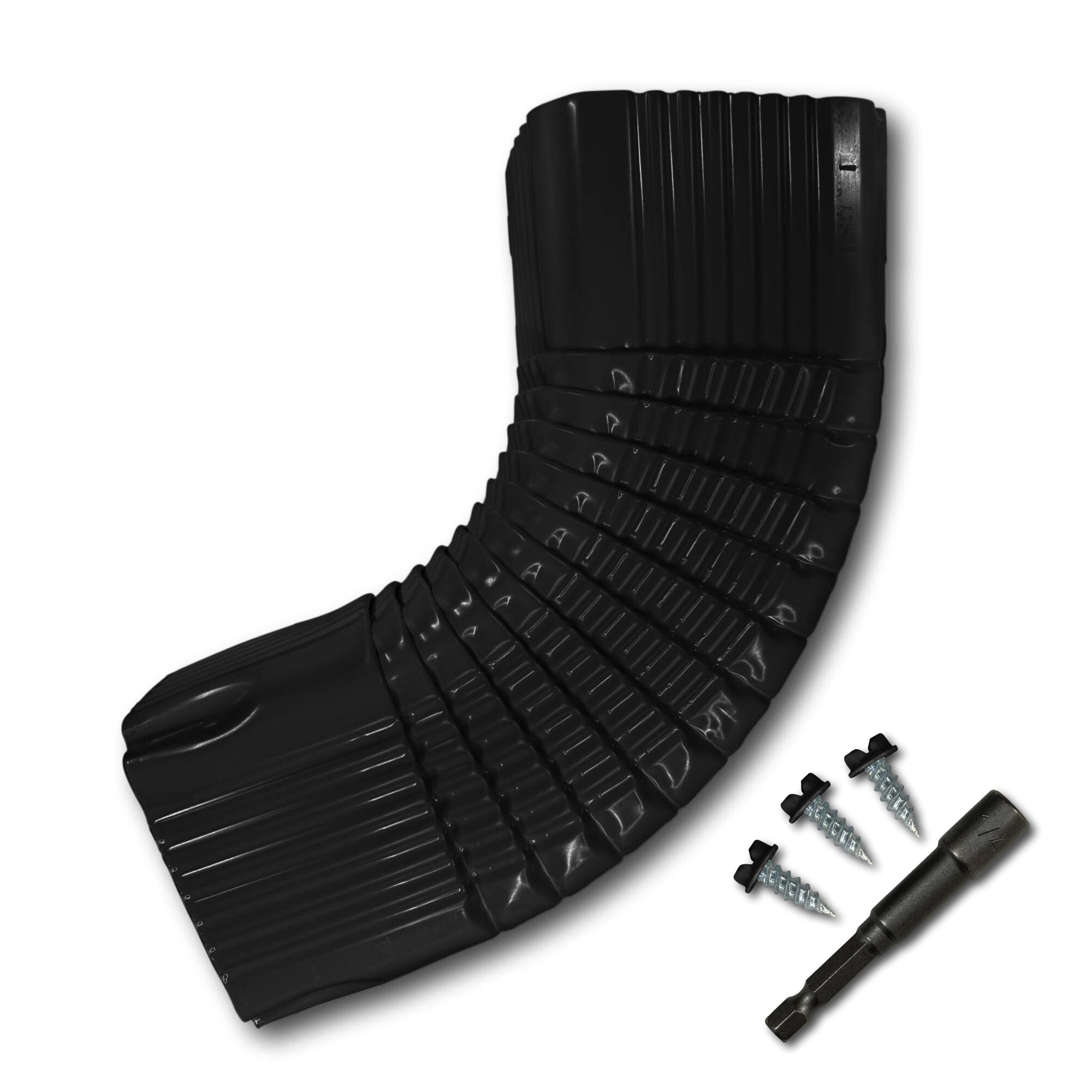 A Painted Aluminum Gutter Downspout Elbow that is Black in color. Matching screws and hex bit driver are included.