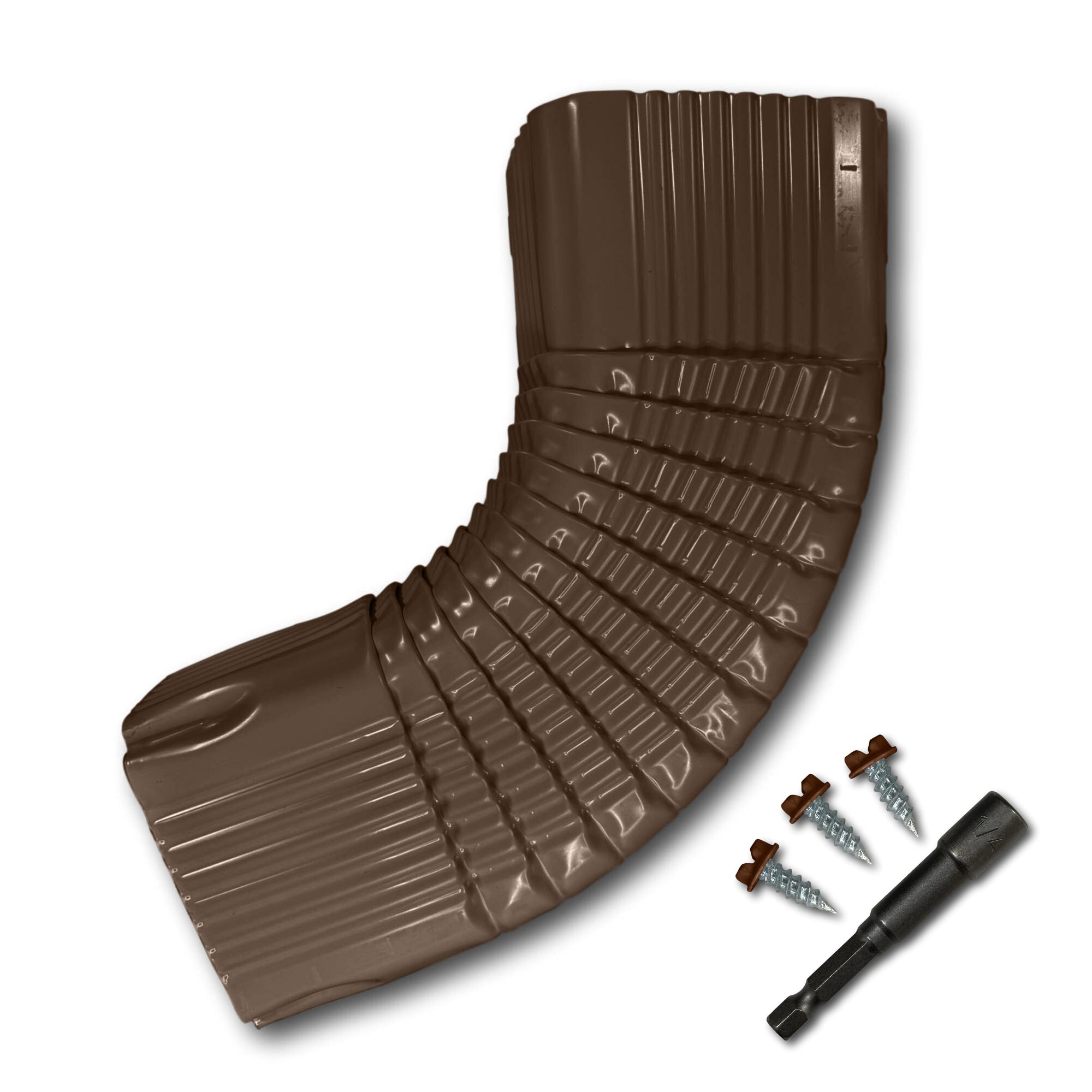 A Painted Aluminum Gutter Downspout Elbow that is Brown in color. Matching screws and hex bit driver are included.