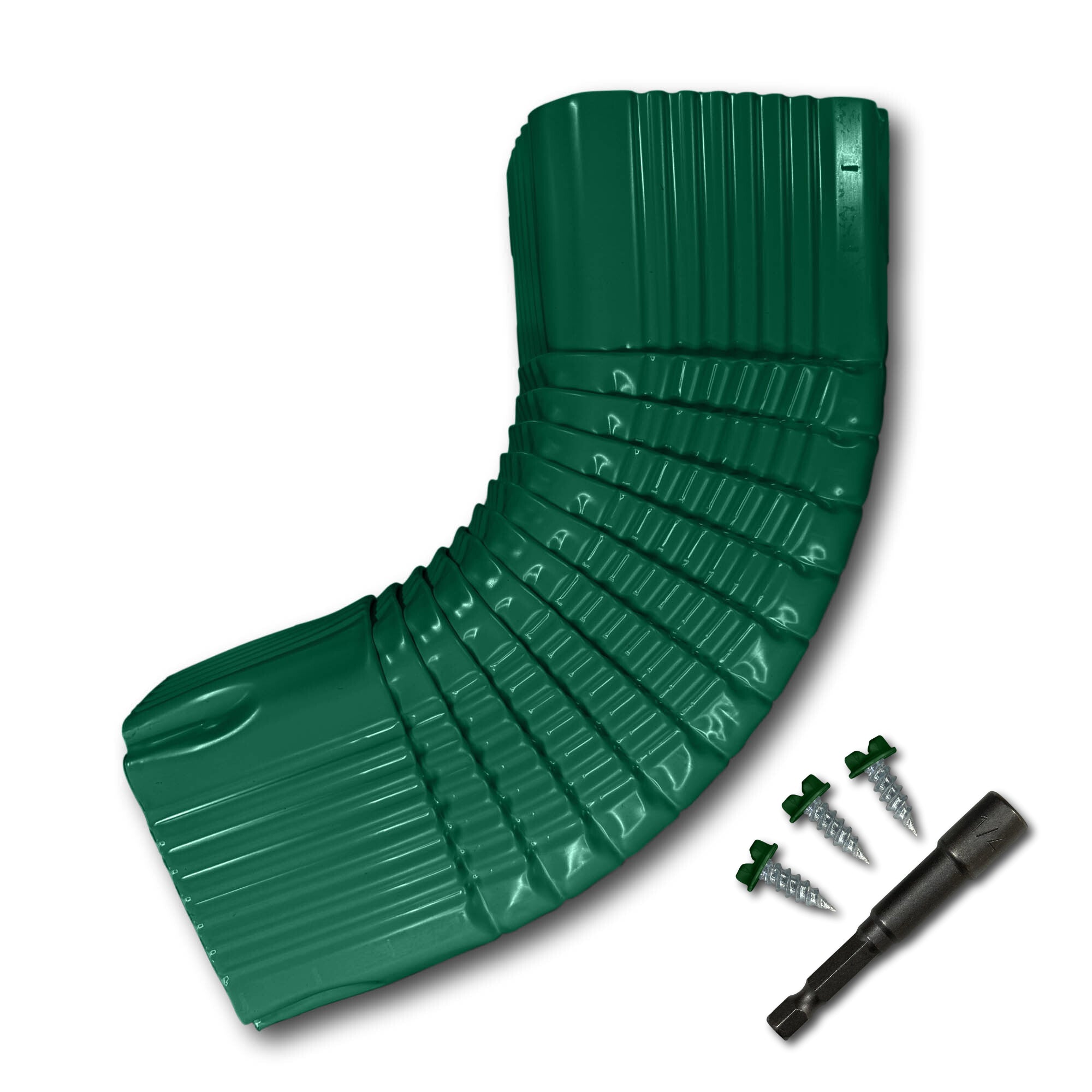 A Painted Aluminum Gutter Downspout Elbow that is Green in color. Matching screws and hex bit driver are included.