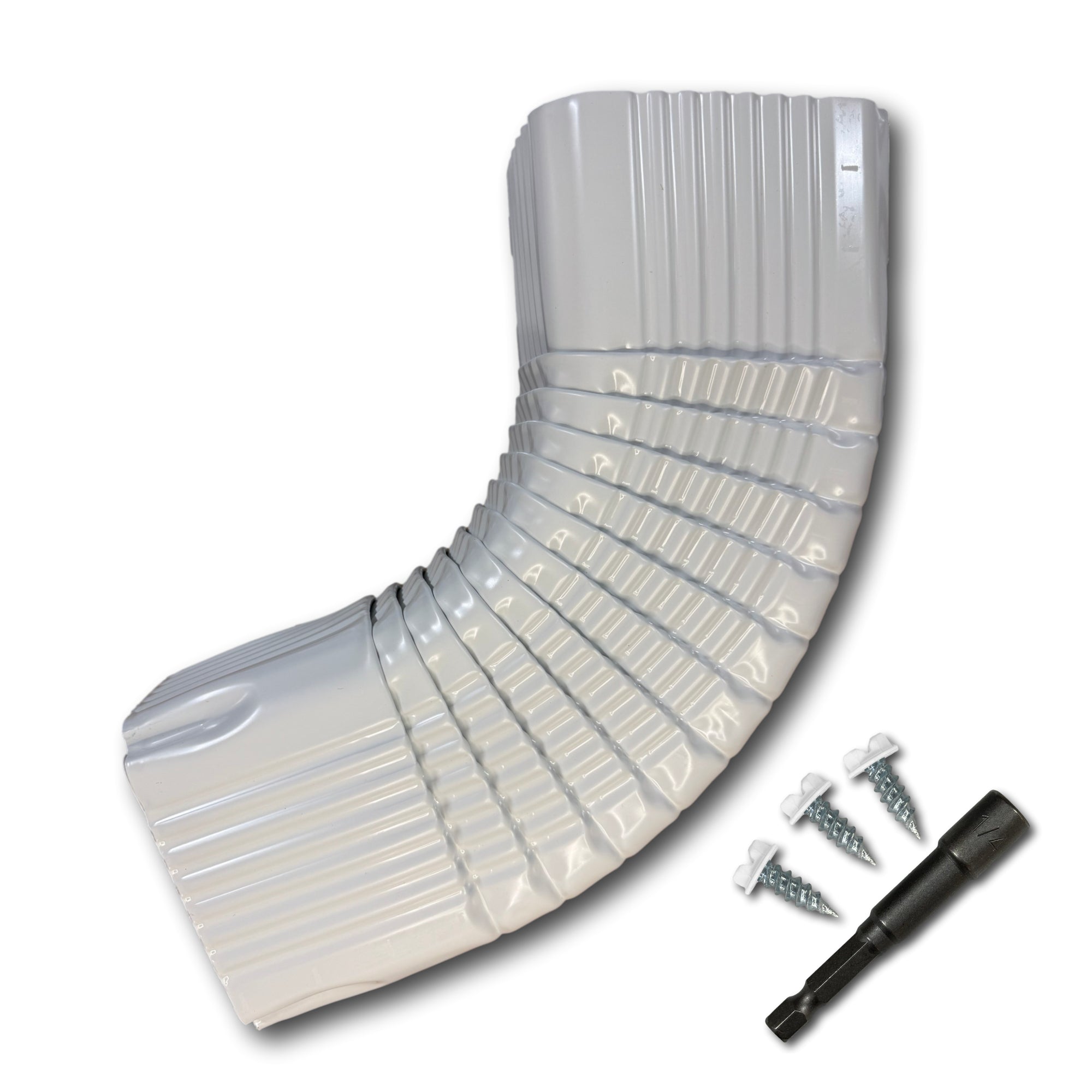 A Painted Aluminum Gutter Downspout Elbow that is White in color. Matching screws and hex bit driver are included.