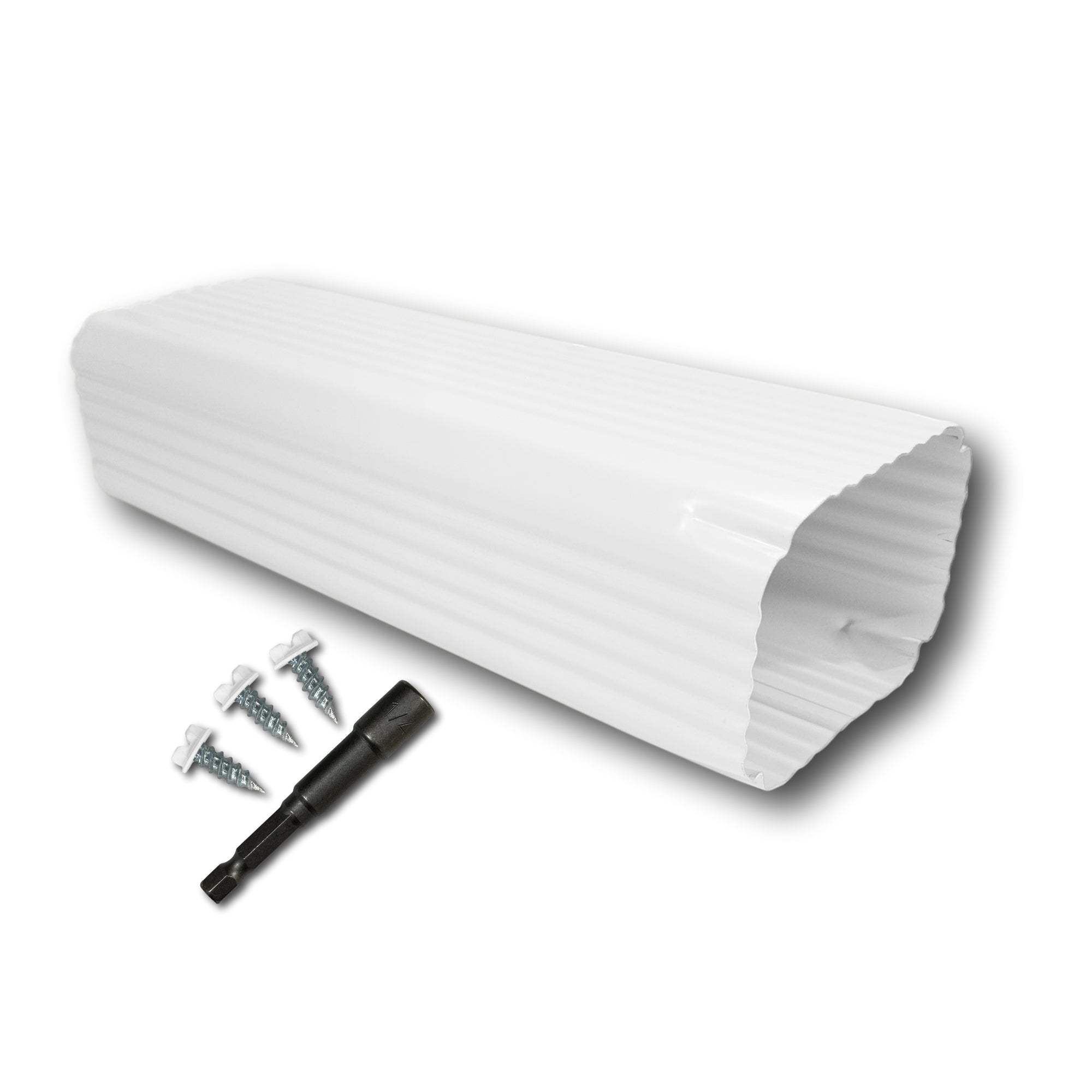 A Painted Aluminum Gutter Downspout Extension that is White in color. Matching screws and hex bit driver are included.