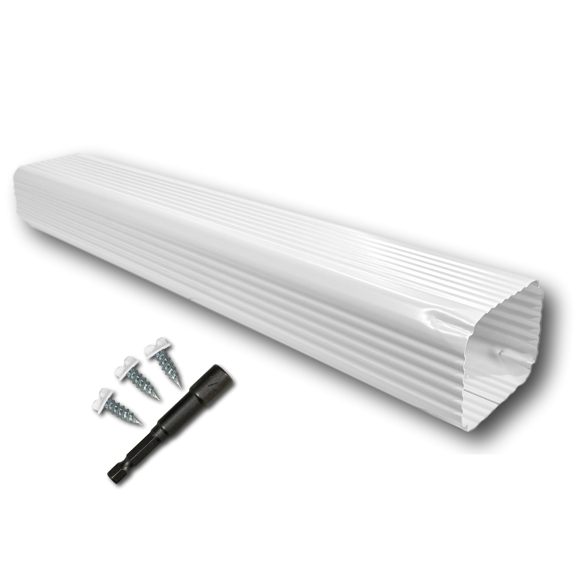 A Painted Aluminum Gutter Downspout Extension that is White in color. Matching screws and hex bit driver are included.