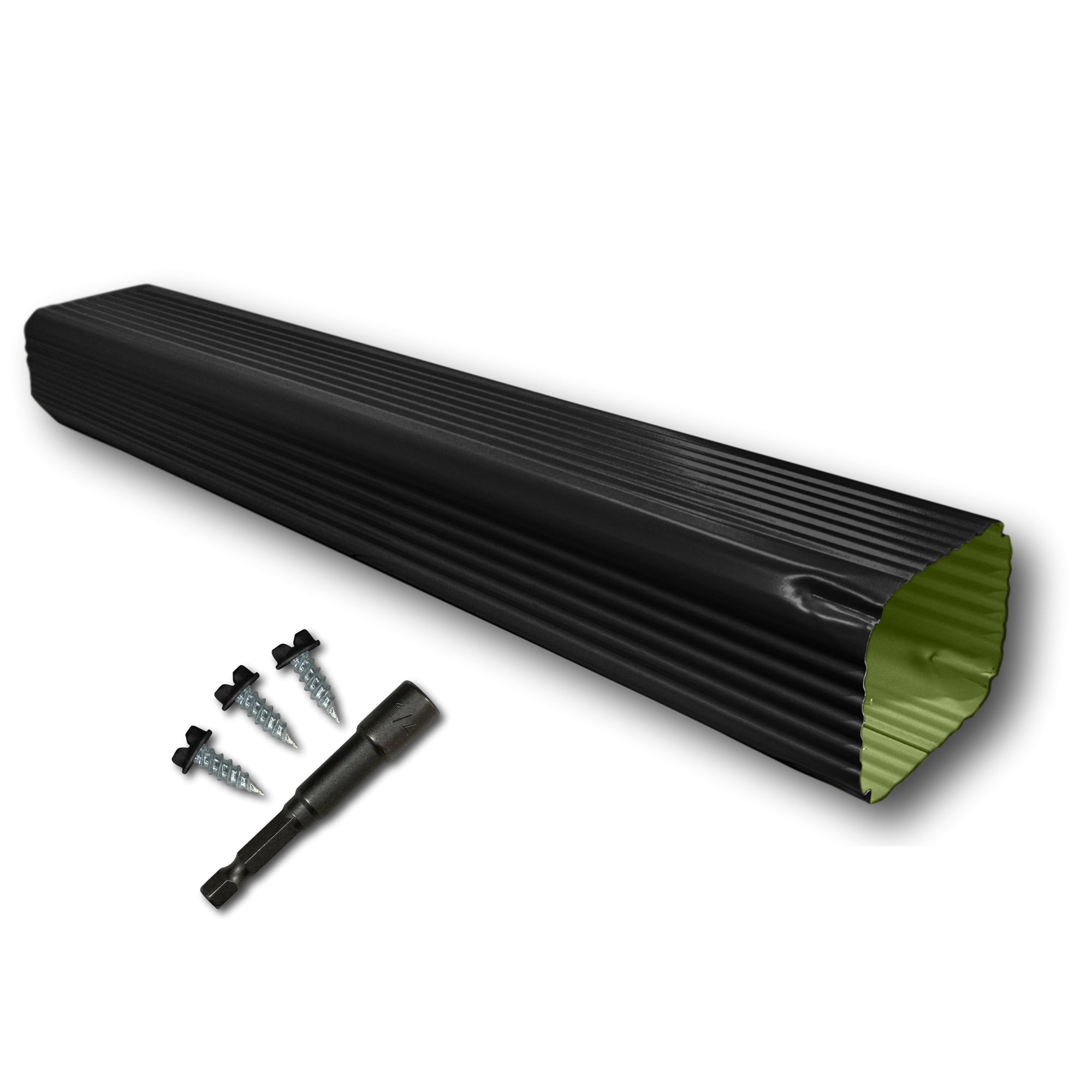A Painted Aluminum Gutter Downspout Extension that is Black in color. Matching screws and hex bit driver are included.