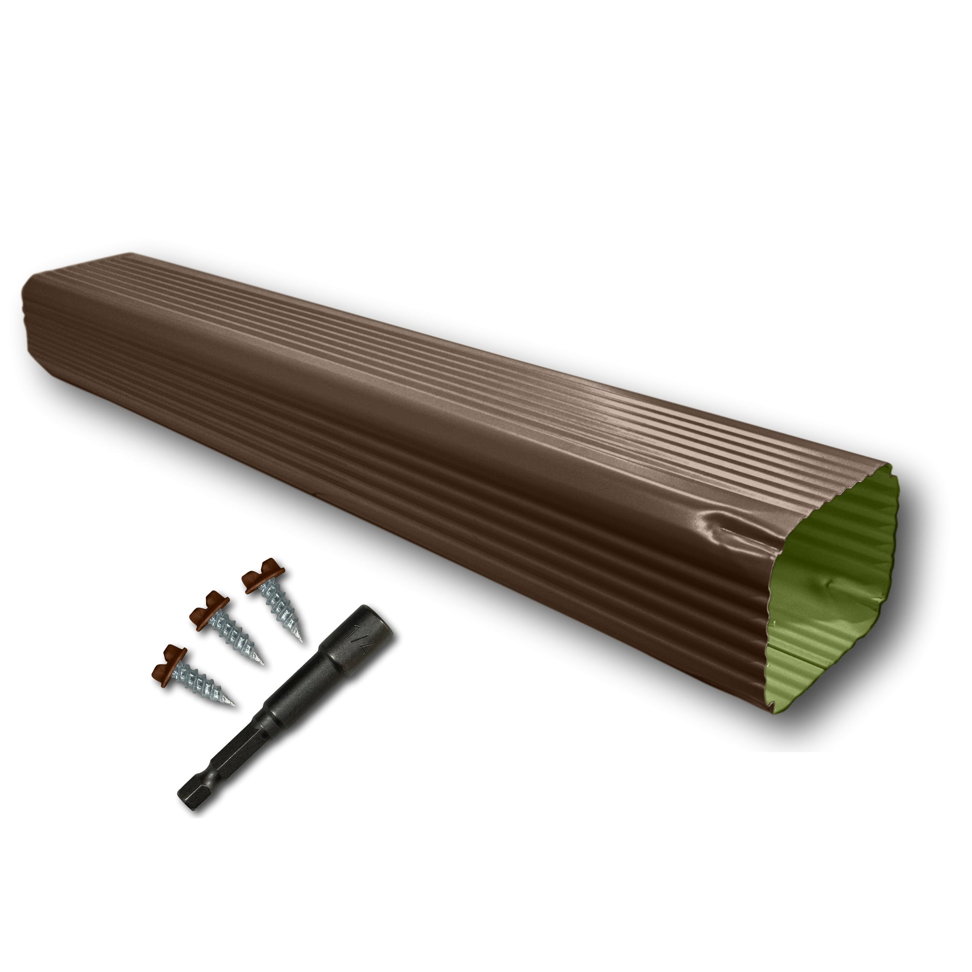 A Painted Aluminum Gutter Downspout Extension that is Brown in color. Matching screws and hex bit driver are included.
