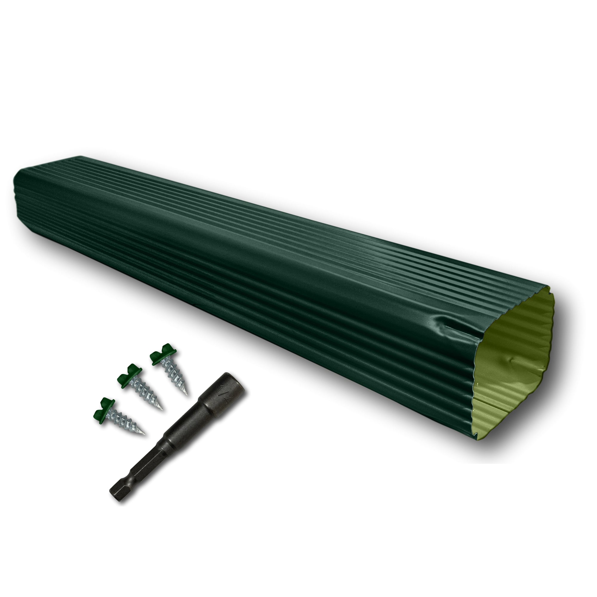 A Painted Aluminum Gutter Downspout Extension that is Green in color. Matching screws and hex bit driver are included.