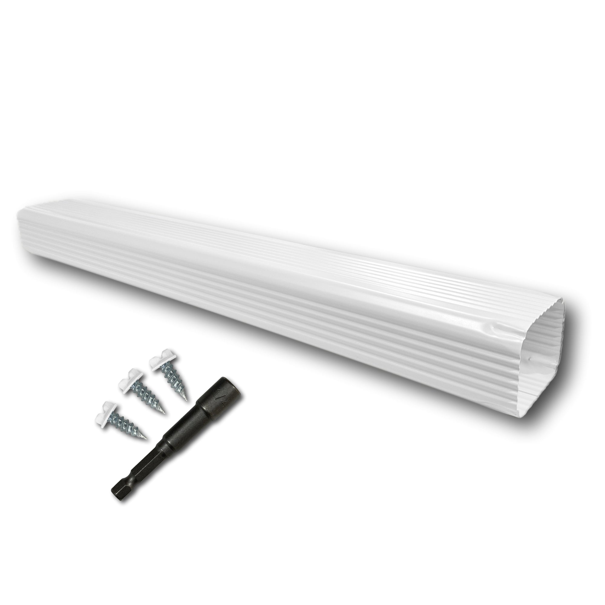 A Painted Aluminum Gutter Downspout Extension that is White in color. Matching screws and hex bit driver are included.