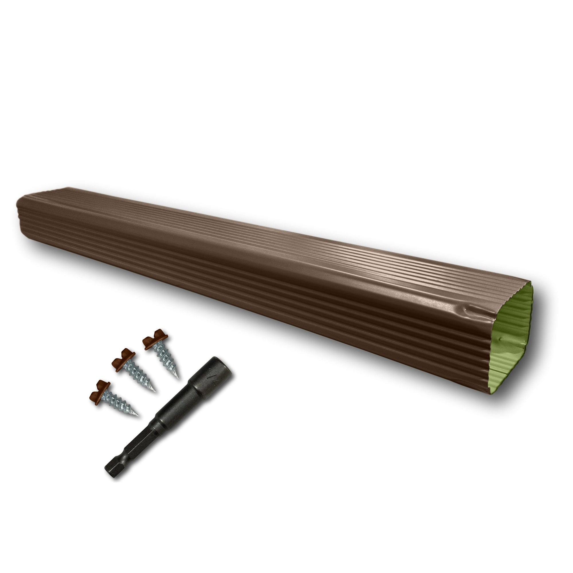 A Painted Aluminum Gutter Downspout Extension that is Brown in color. Matching screws and hex bit driver are included.