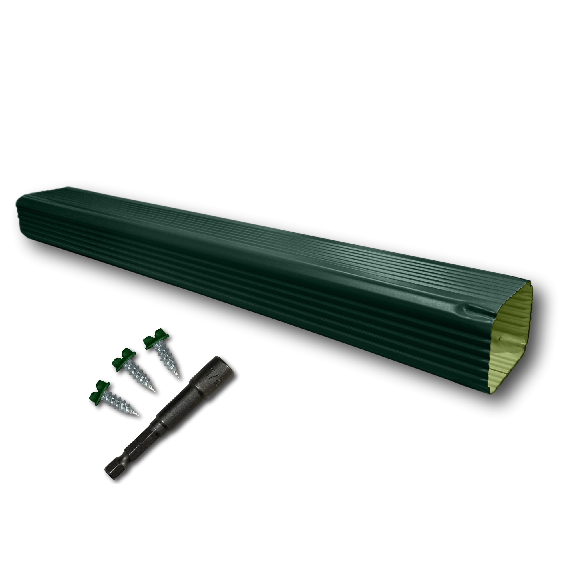 A Painted Aluminum Gutter Downspout Extension that is Green in color. Matching screws and hex bit driver are included.