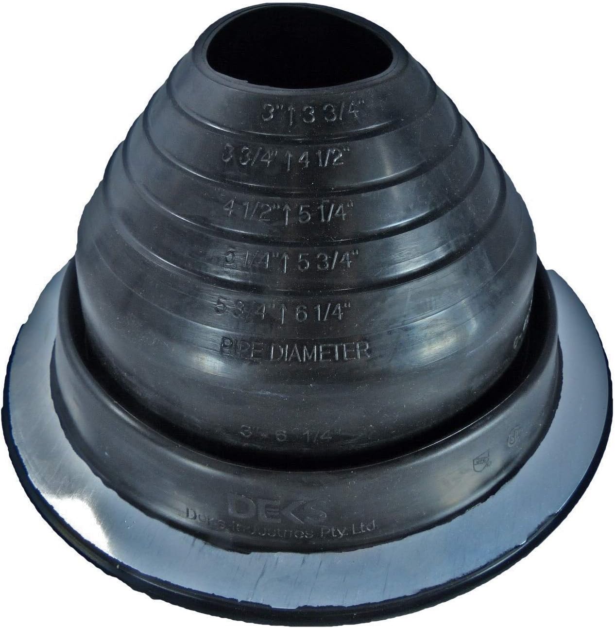A number 7 size Black Round Pipe Flashing Boot. The boot is made of Silicone, and the measurements are featured on the side of the boot for reference when cutting. 