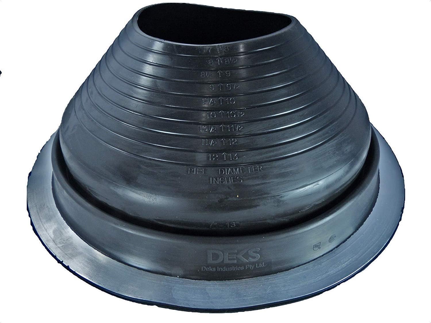 A number 9 size Black Round Pipe Flashing Boot. The boot is made of Silicone, and the measurements are featured on the side of the boot for reference when cutting. 