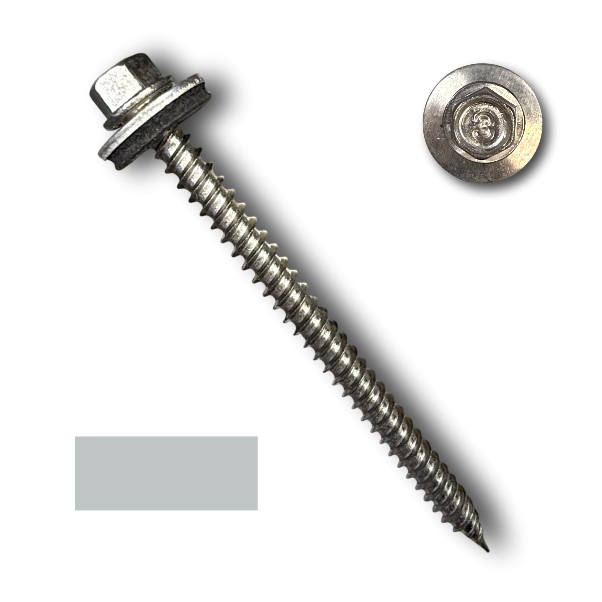 A Stainless Steel Metal Roofing Screw that is a #9 in diameter and 2.5 inches long. 