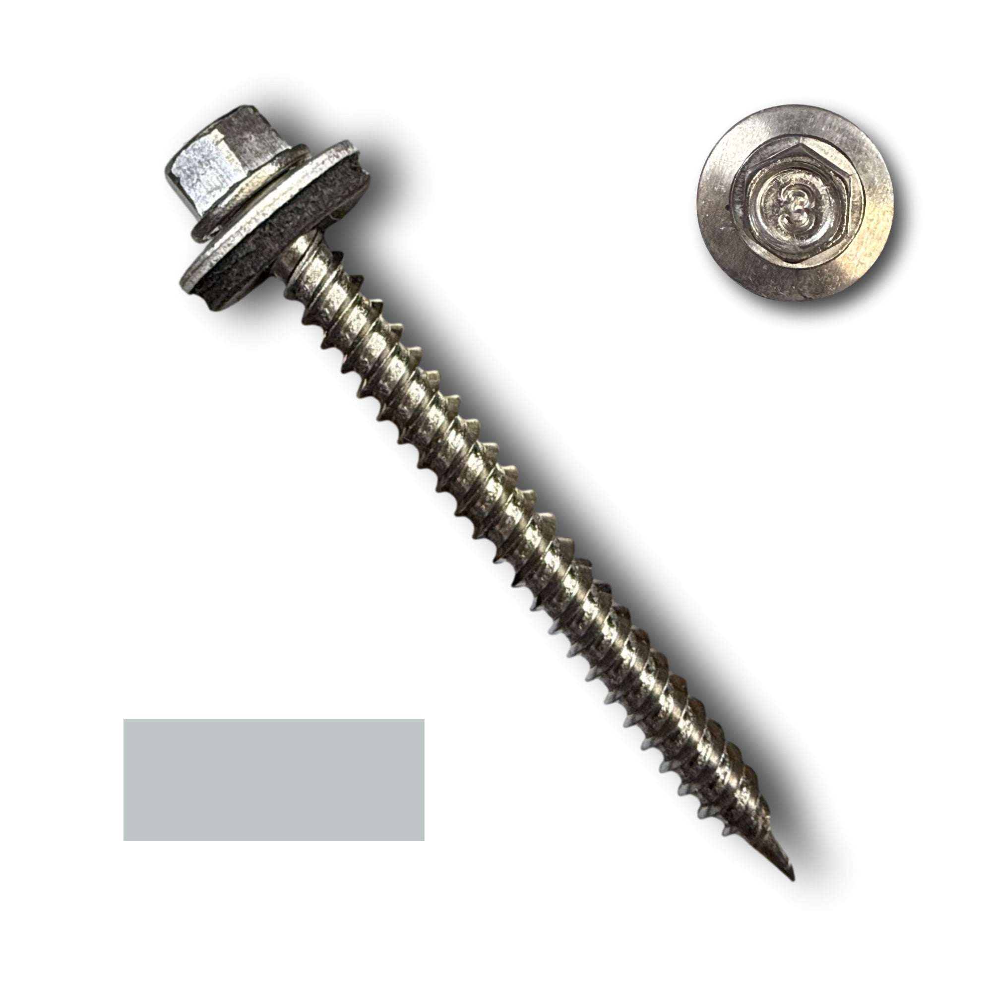 A Stainless Steel Metal Roofing Screw that is a #9 in diameter and 2 inches long. 