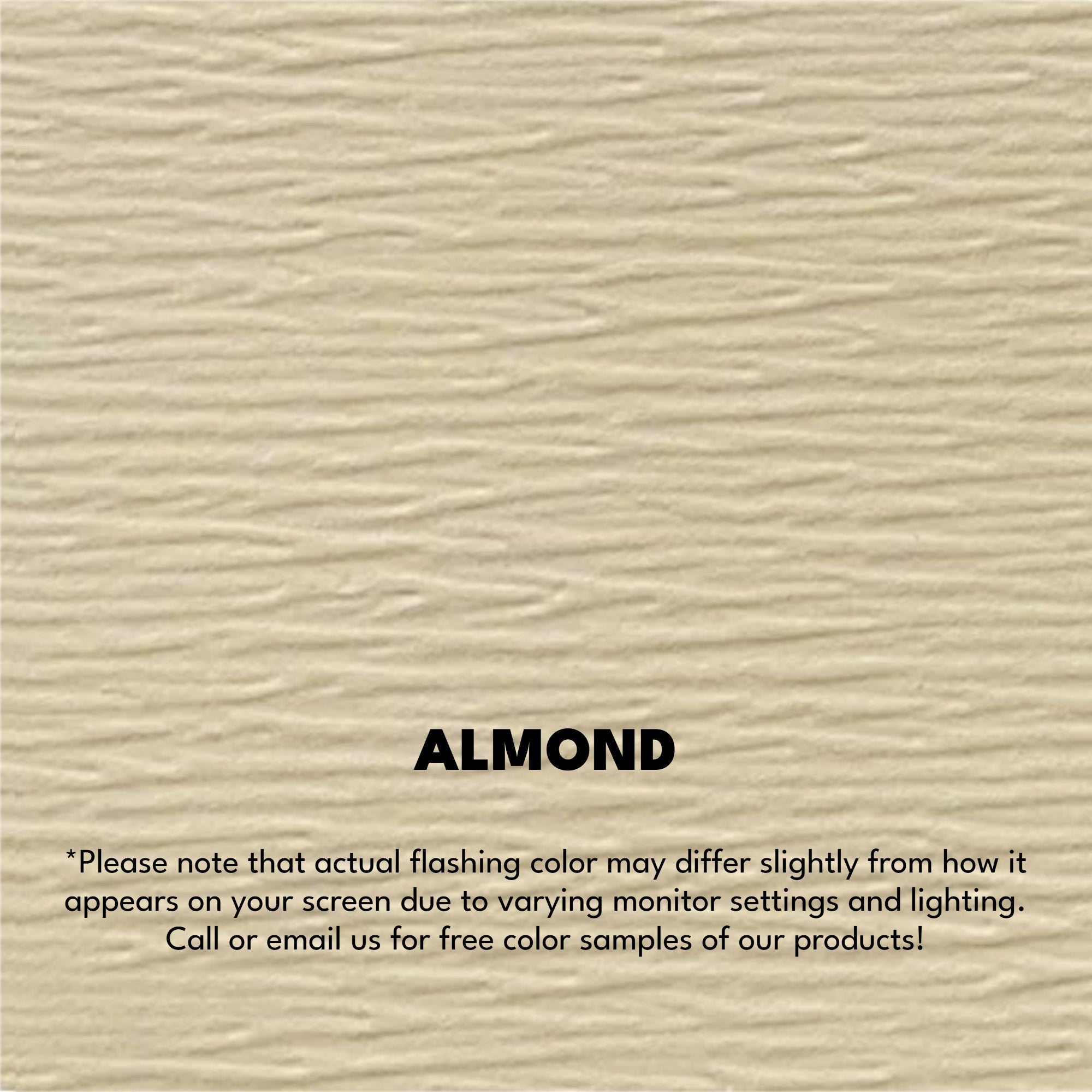 A texture photo of the Woodgrain Finish Aluminum Fascia that reads, "Almond: Please note that actual flashing color may differ slightly from how it appears on your screen due to varying monitor settings and lighting. Call or email us for free color samples of our products!"
