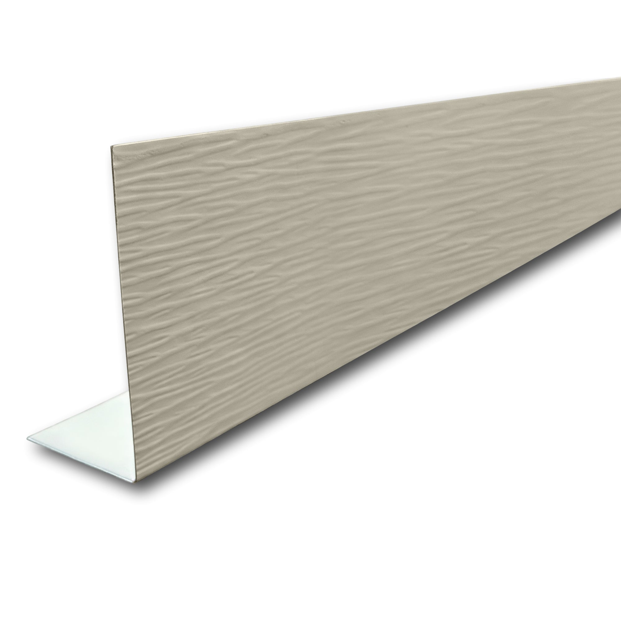A piece of Aluminum Fascia Covering with a Woodgrain Finish in the color Wicker on a white background.