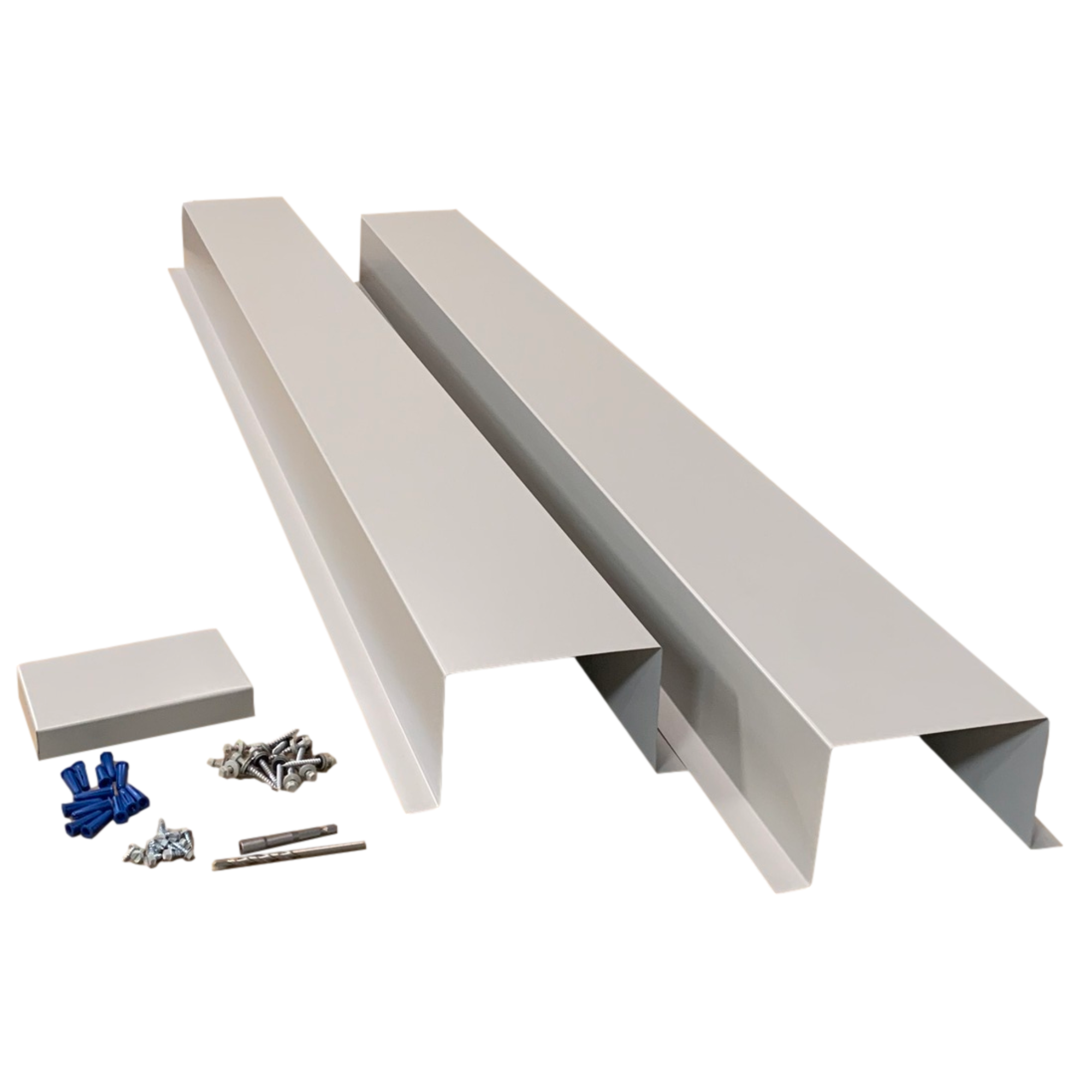 A set of PermaCover HVAC Line Set Covers that consists of two 5 FT sections, two end caps, fasteners, and a hex bit driver and masonry bit. The sections are made for covering existing HVAC line sets, and are made of 26 gauge painted steel in the color Ash Gray. 