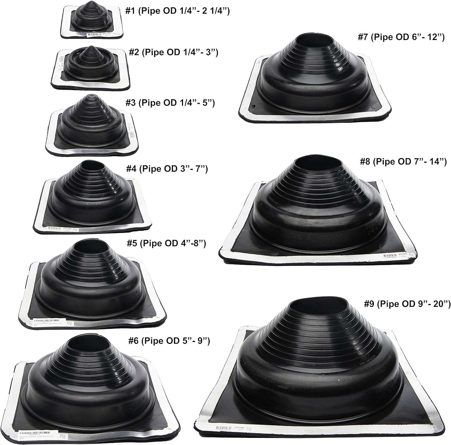 A diagram showing the size pipe boot and pipe diameter for Black Square Base Pipe Flashing Boots. #1 (Pipe OD 1/4"-2 1/4"), #2 (Pipe OD 1/4"-3"), #3 (Pipe OD 1/4"-5"), #4 (Pipe OD 3"-7"), #5 (Pipe OD 4"-8"), #6 (Pipe OD 5"-9"), #7 (Pipe OD 6"-12"), #8 (Pipe OD 7"-14"), #9 (Pipe OD 9"-20").