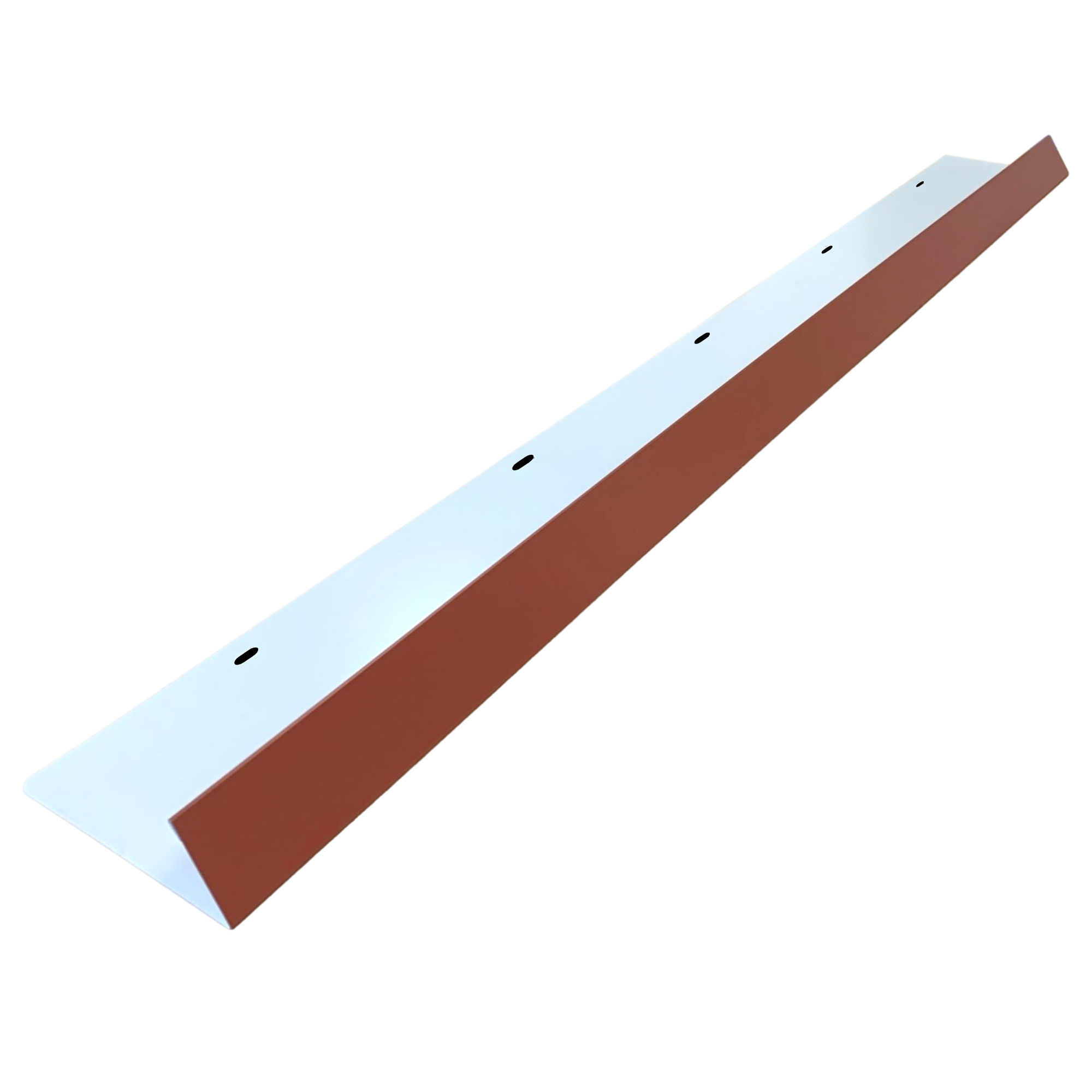 A shingle roof rain diverter that is meant to install over door ways and windows to divert rain water. The rain diverter is made of 26 gauge painted steel and is Barn Red in color. 