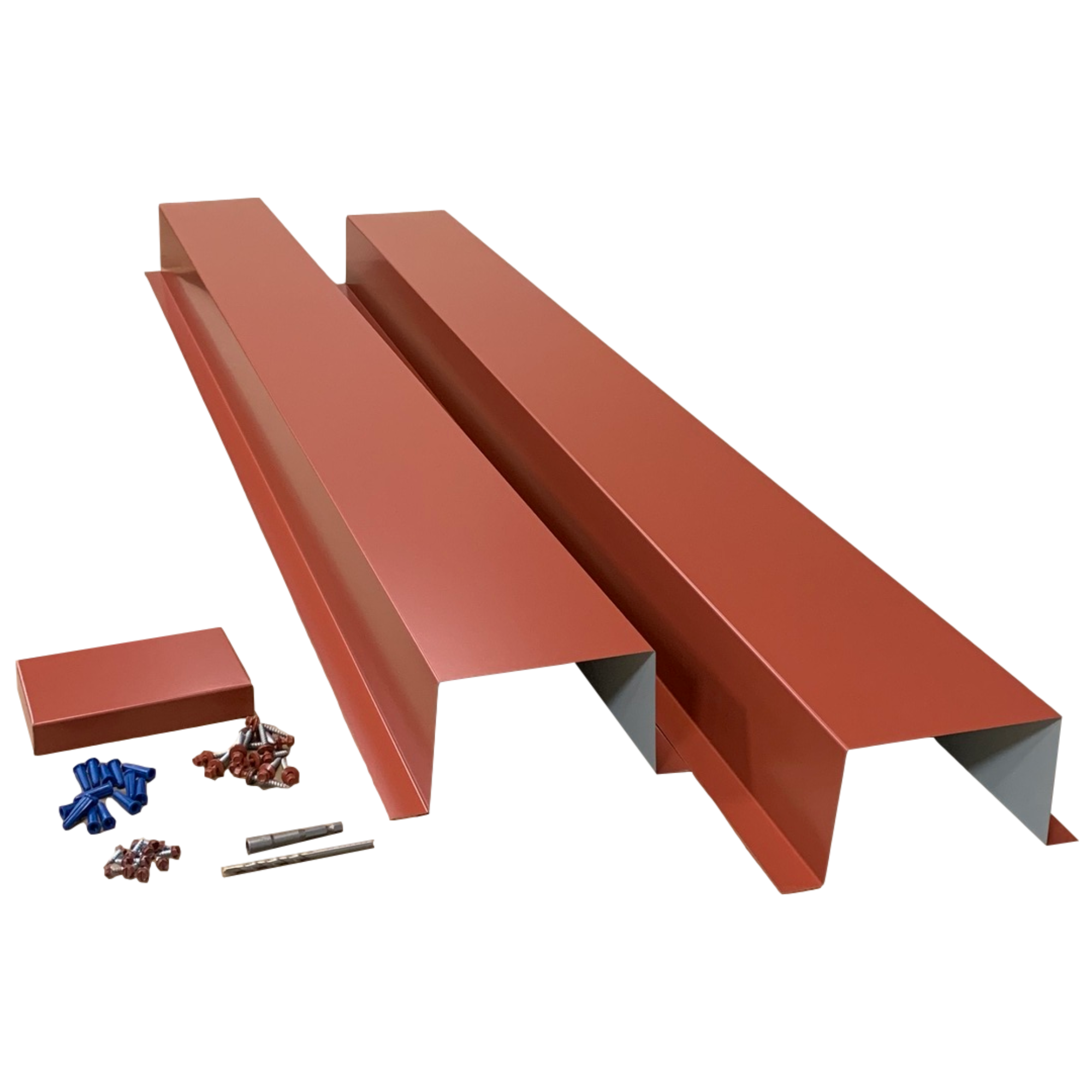 A set of PermaCover HVAC Line Set Covers that consists of two 5 FT sections, two end caps, fasteners, and a hex bit driver and masonry bit. The sections are made for covering existing HVAC line sets, and are made of 26 gauge painted steel in the color Barn Red. 