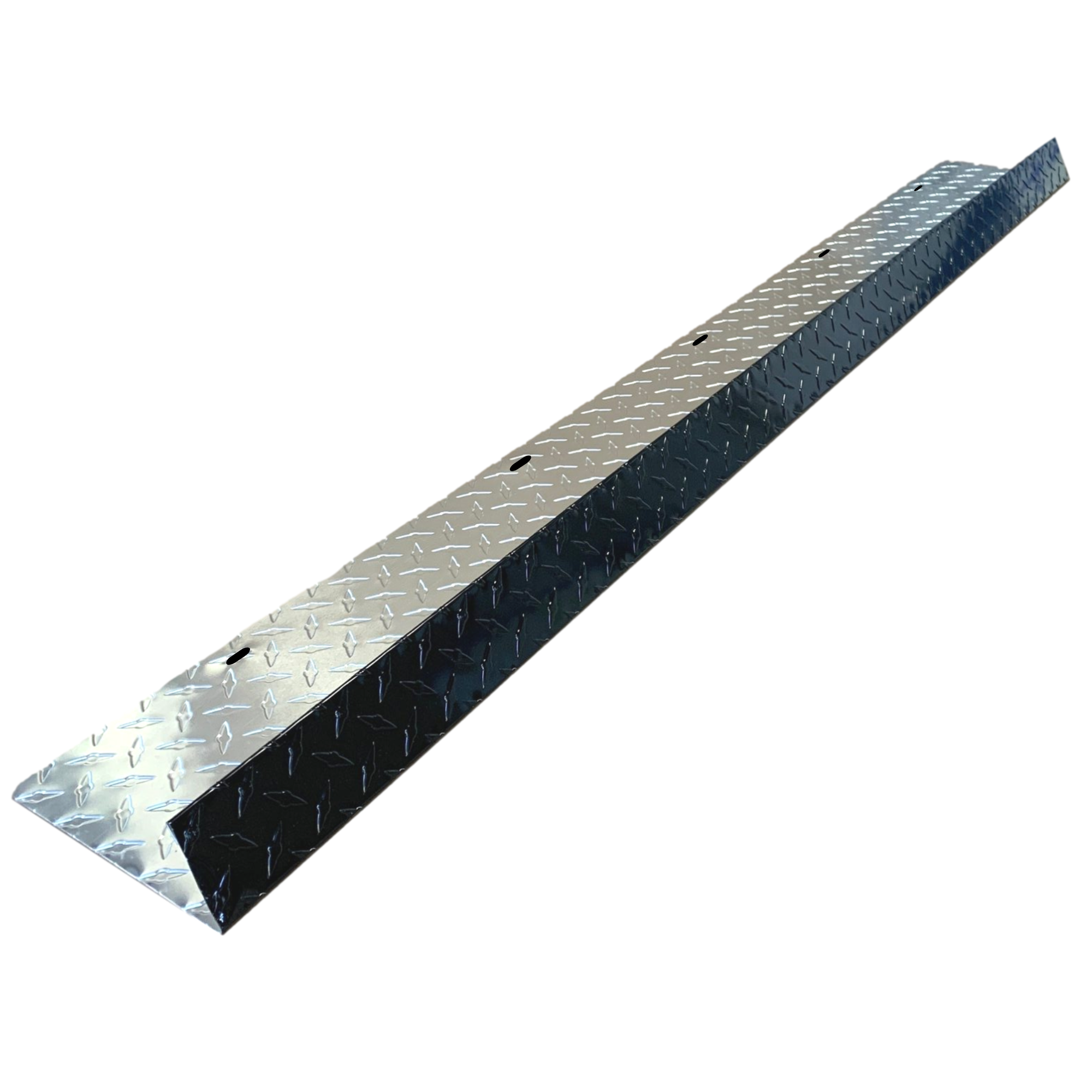 A shingle roof rain diverter that is meant to install over door ways and windows to divert rain water. The rain diverter is made of aluminum diamond tread plate and is Black in color. 