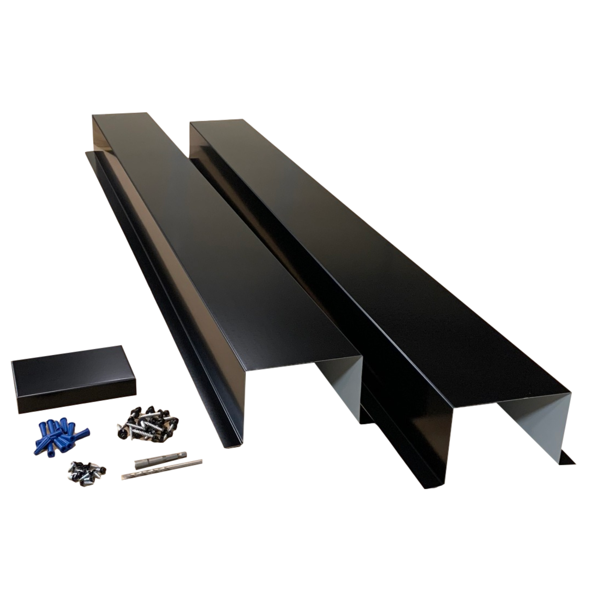 A set of PermaCover HVAC Line Set Covers that consists of two 5 FT sections, two end caps, fasteners, and a hex bit driver and masonry bit. The sections are made for covering existing HVAC line sets, and are made of 26 gauge painted steel in the color Black. 