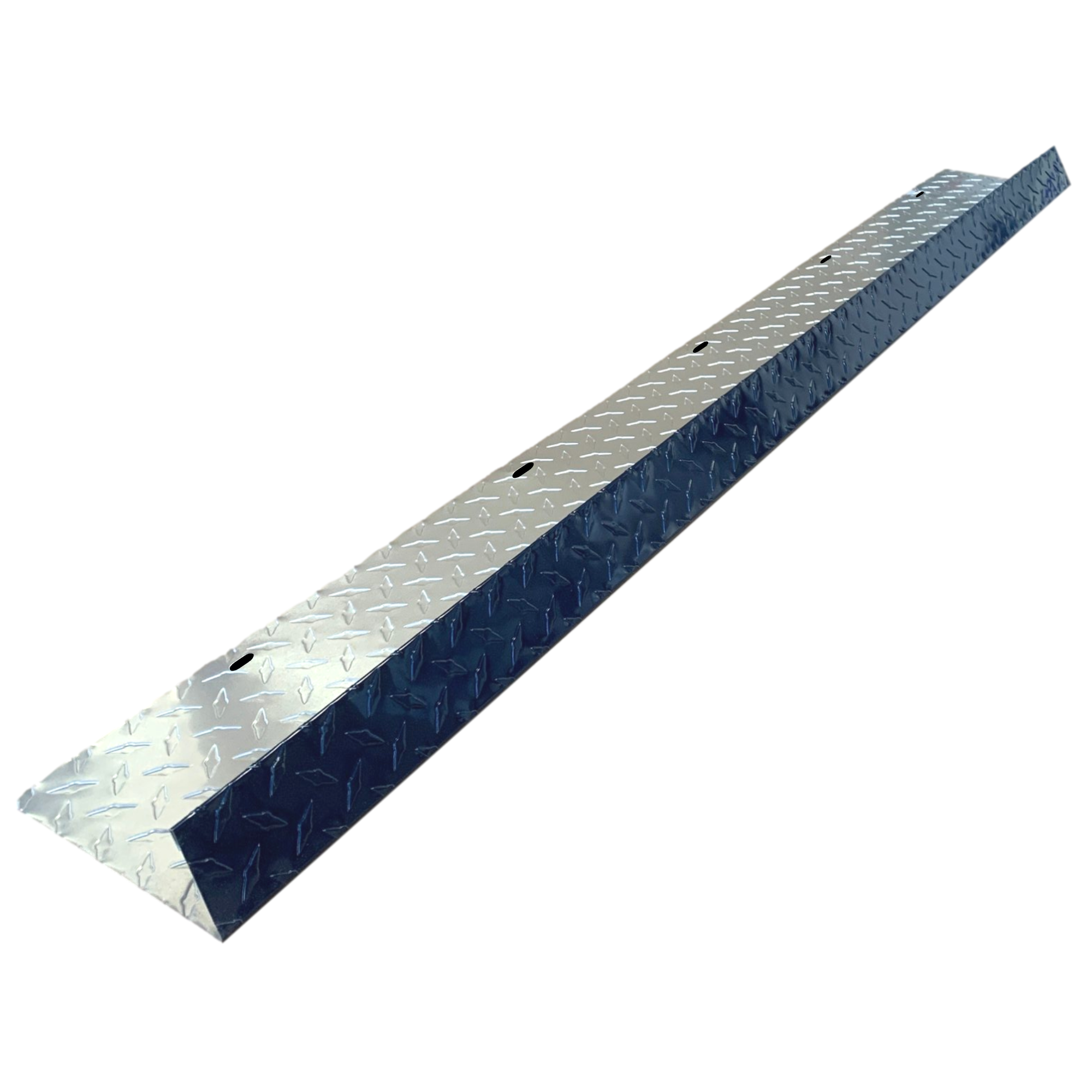 A shingle roof rain diverter that is meant to install over door ways and windows to divert rain water. The rain diverter is made of aluminum diamond treadplate and is Indigo Blue in color. 