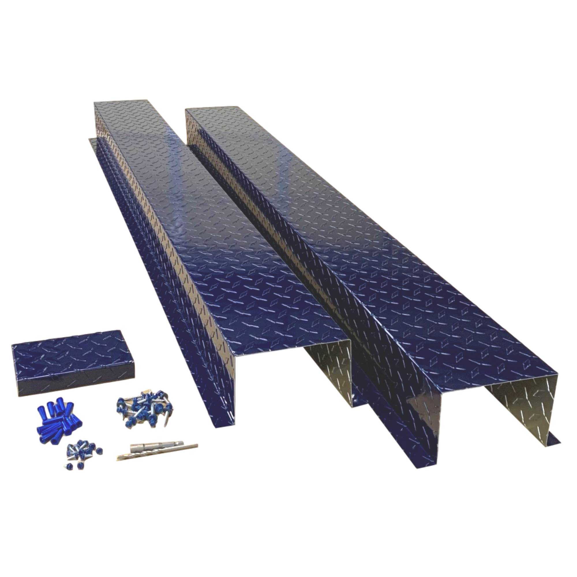 A set of PermaCover HVAC Line Set Covers that consists of two 5 FT sections, two end caps, fasteners, and a hex bit driver and masonry bit. The sections are made for covering existing HVAC line sets, and are made of Aluminum Diamond Tread Plate in the color Indigo Blue. 