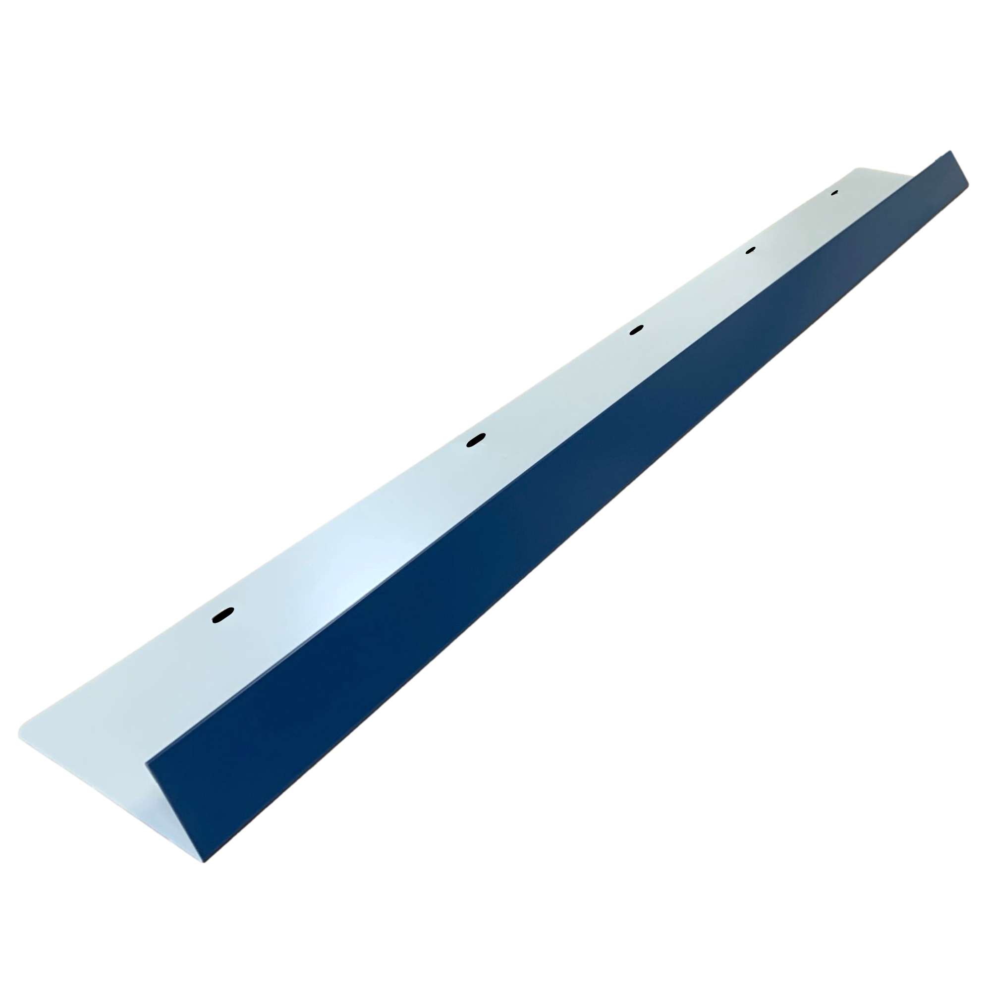 A shingle roof rain diverter that is meant to install over door ways and windows to divert rain water. The rain diverter is made of 26 gauge painted steel and is Regal Blue in color. 