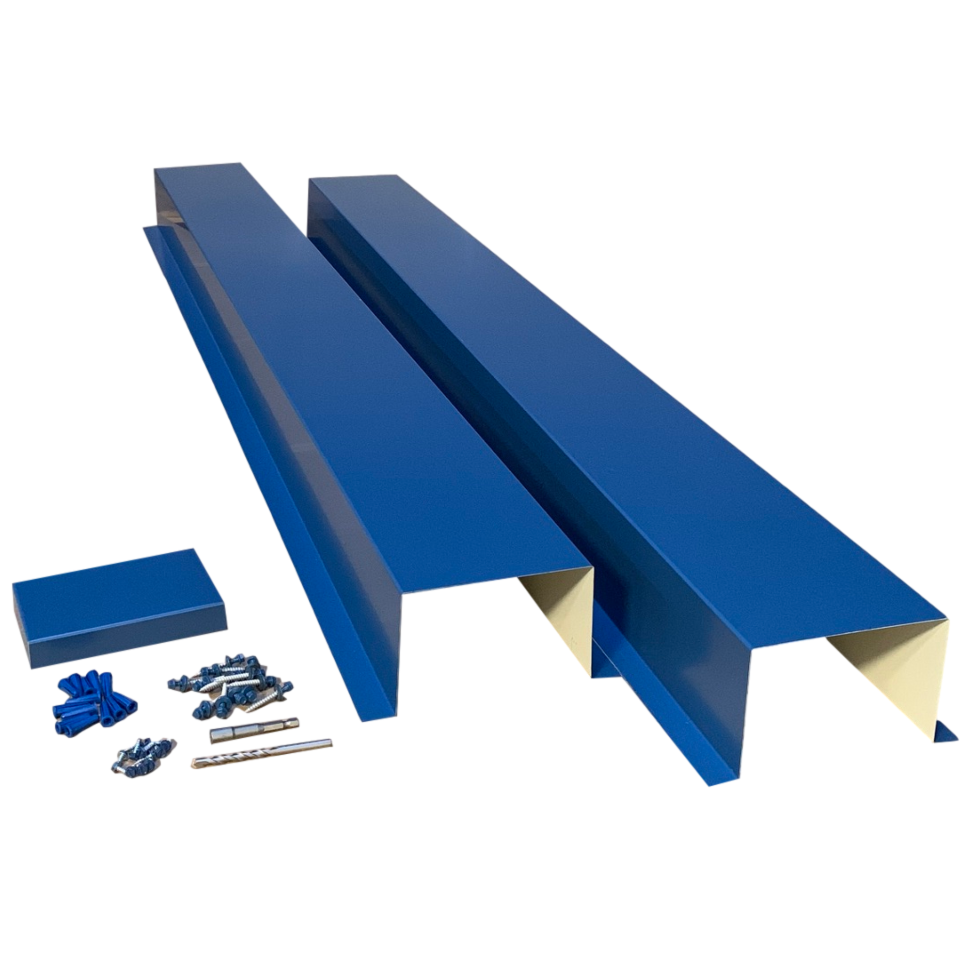 A set of PermaCover HVAC Line Set Covers that consists of two 5 FT sections, two end caps, fasteners, and a hex bit driver and masonry bit. The sections are made for covering existing HVAC line sets, and are made of 26 gauge painted steel in the color Blue. 