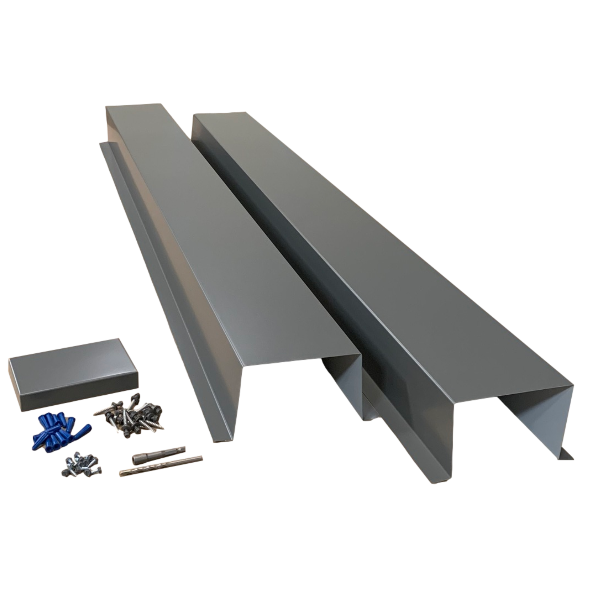 A set of PermaCover HVAC Line Set Covers that consists of two 5 FT sections, two end caps, fasteners, and a hex bit driver and masonry bit. The sections are made for covering existing HVAC line sets, and are made of 26 gauge painted steel in the color Charcoal Gray. 