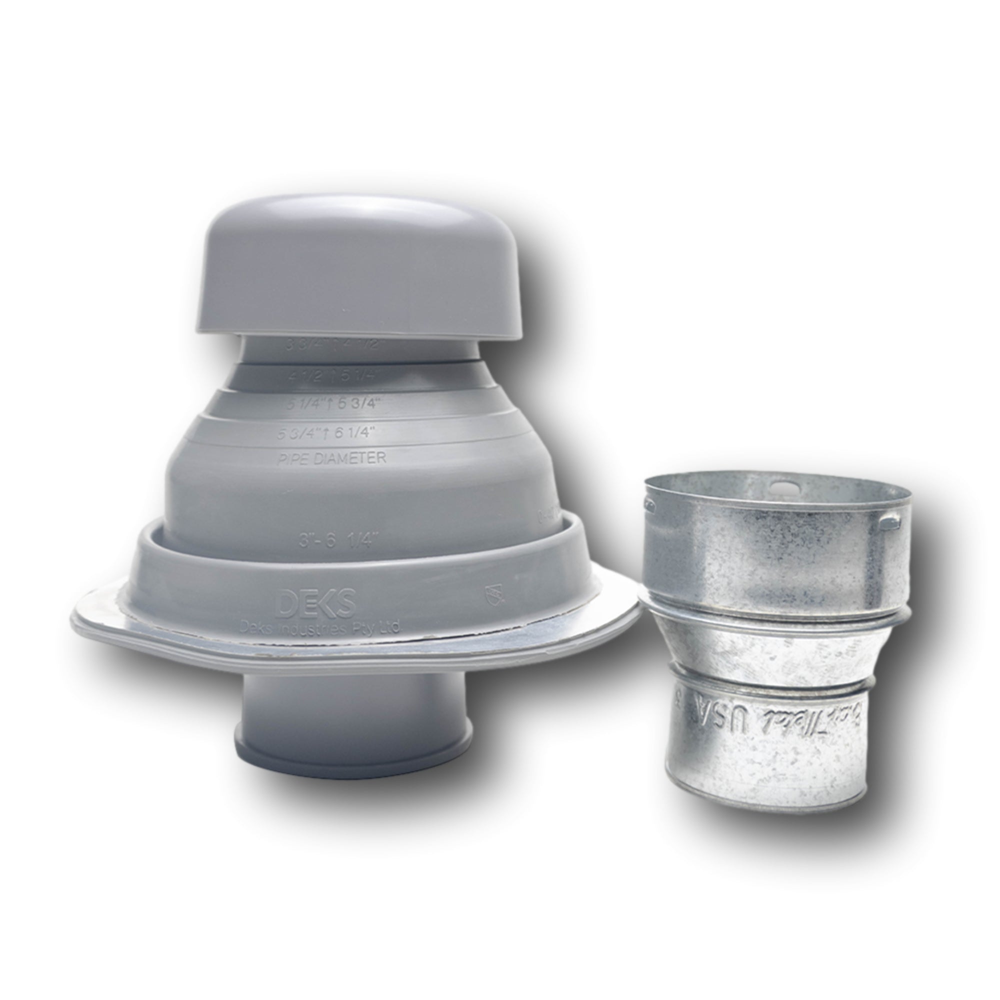 A Co-Vent Exhaust Fan Vent flashing boot that features a long bottom flange for attaching to flex hoses, and an adapter for 3 inch flex pipes. The vent flashing is Gray in color. 