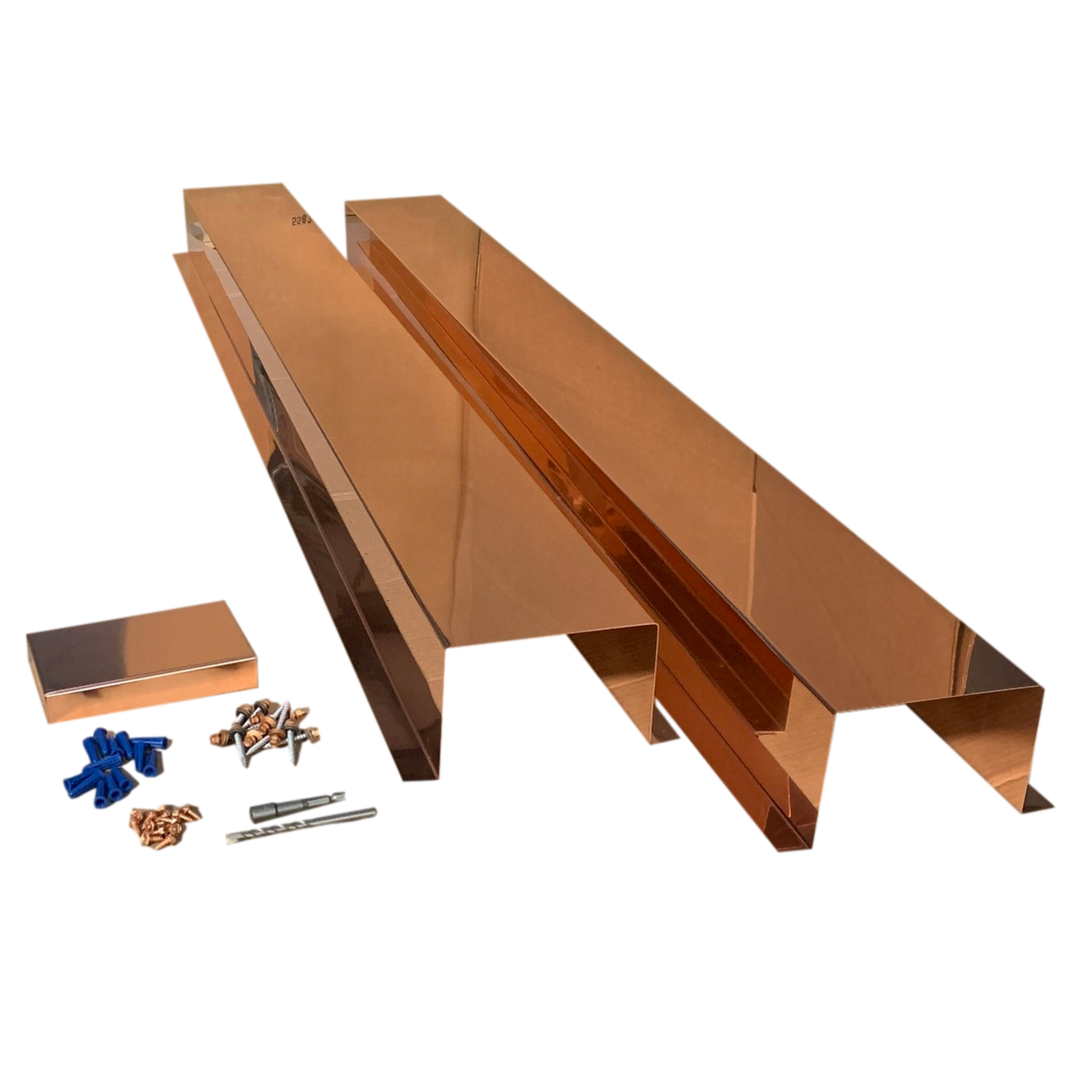 A set of PermaCover HVAC Line Set Covers that consists of two 5 FT sections, two end caps, fasteners, and a hex bit driver and masonry bit. The sections are made for covering existing HVAC line sets, and are made of 16 ounce pure copper.