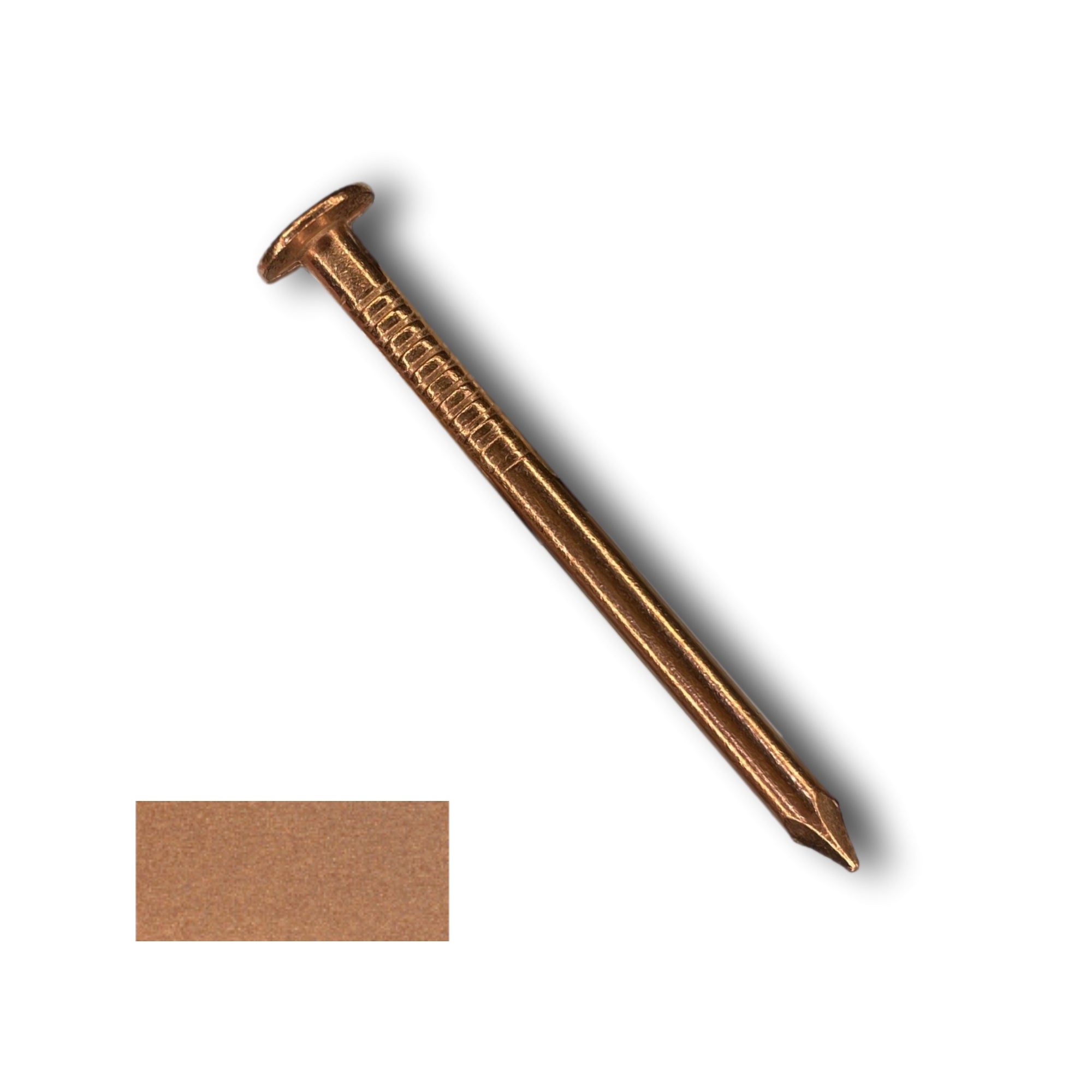A 2 inch long Copper Roofing Nail for use in metal and shingle roofing applications. There is a copper color swatch in the bottom left corner. 
