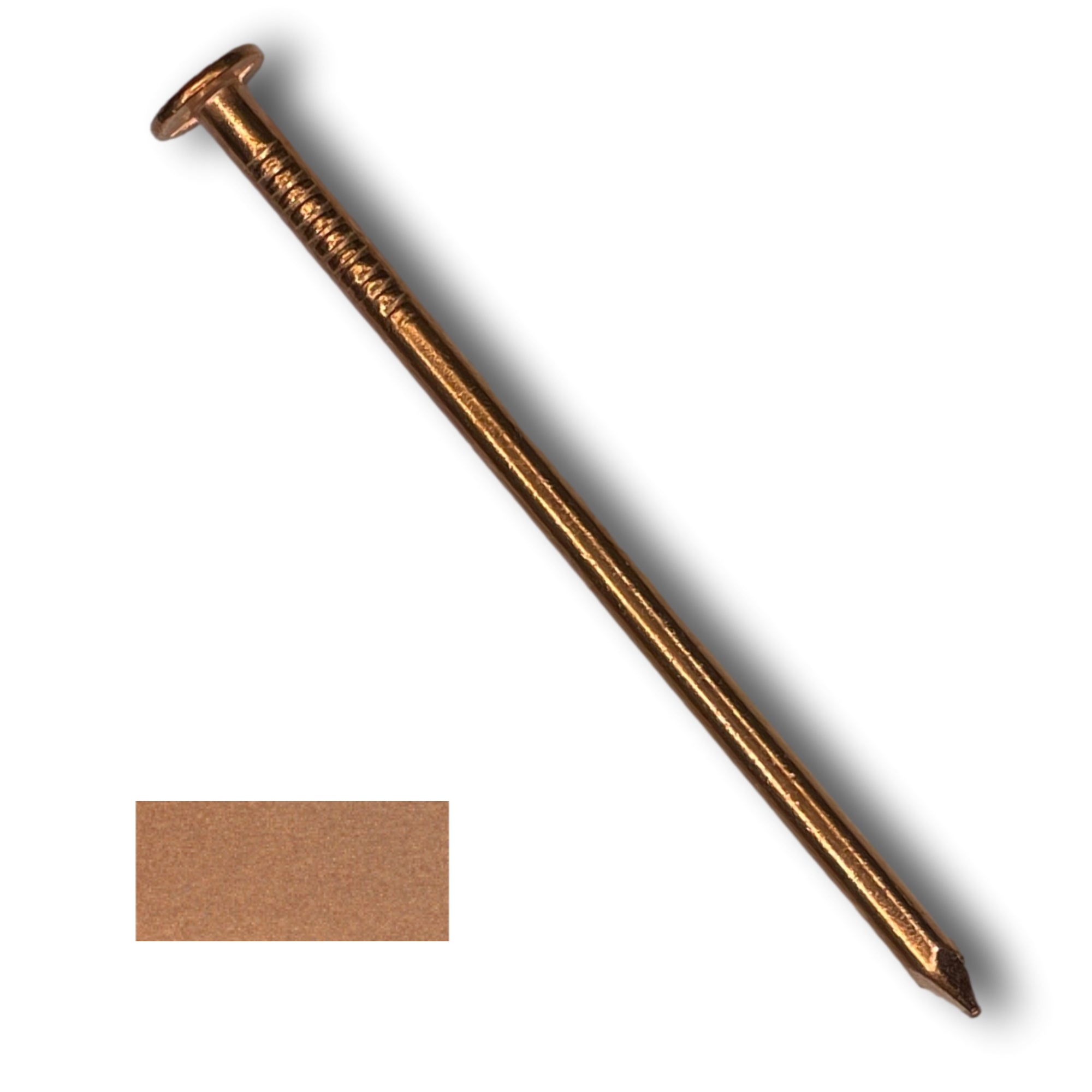 A 3 inch long Copper Roofing Nail for use in metal and shingle roofing applications. There is a copper color swatch in the bottom left corner. 